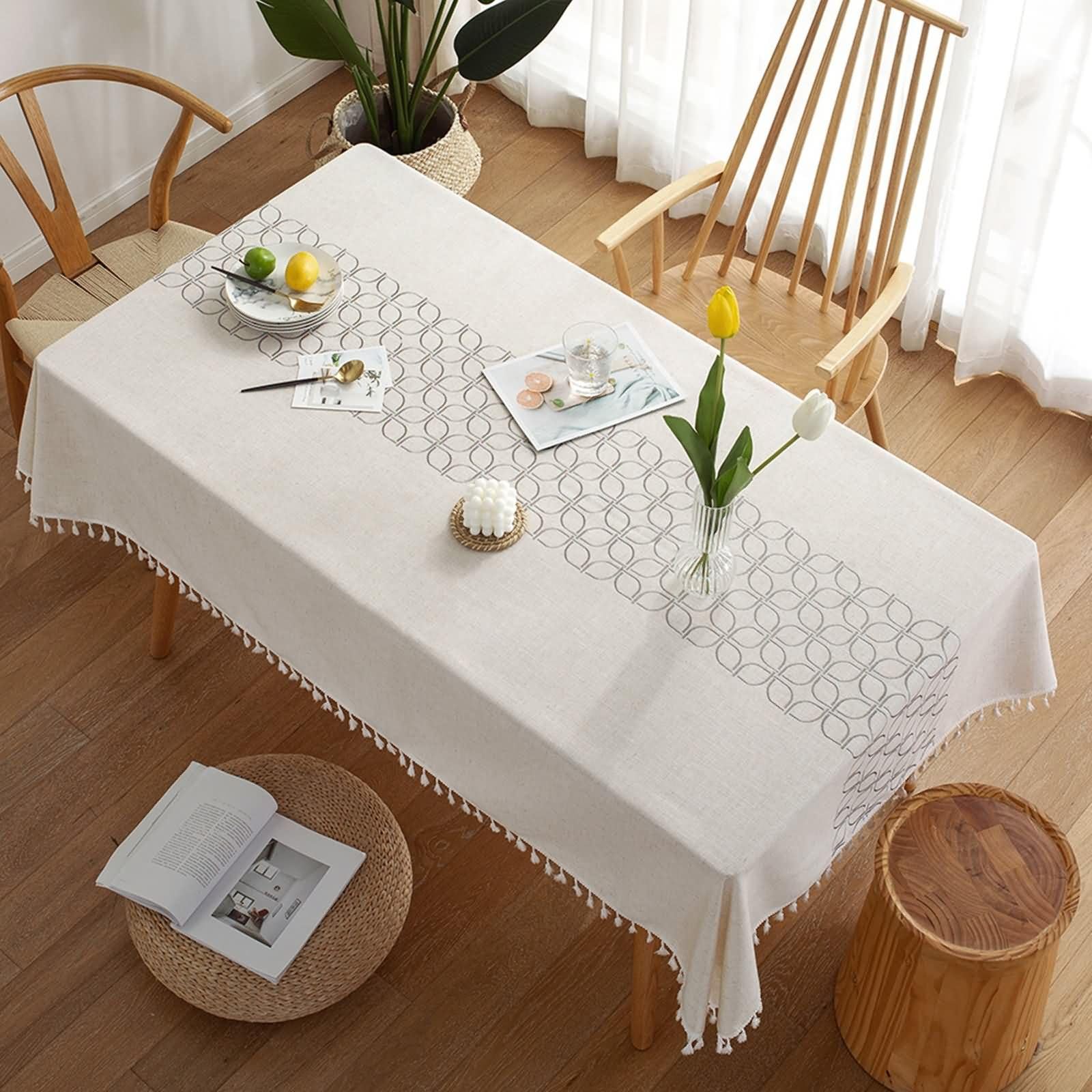 Mantel de Cocina Rectangular Gris, Geométrico con Borlas, de Poliéster Fácil de Limpiar, 140 x 180 cm, Mantel para Exterior