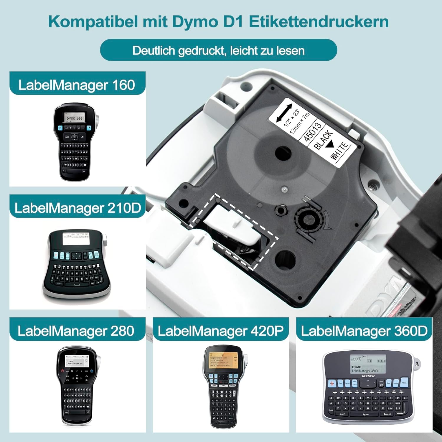 5x Nastro Per Etichette Compatibile Con Dymo D1 45013 S0720530 Nastri Per Etichette Per Dymo Labelmanager 100 150 120p 160 200 280 220p 210d 260p Pnp 360d 12 Mm X 7 M Nero Su Bianco 91975872 - Foto 5