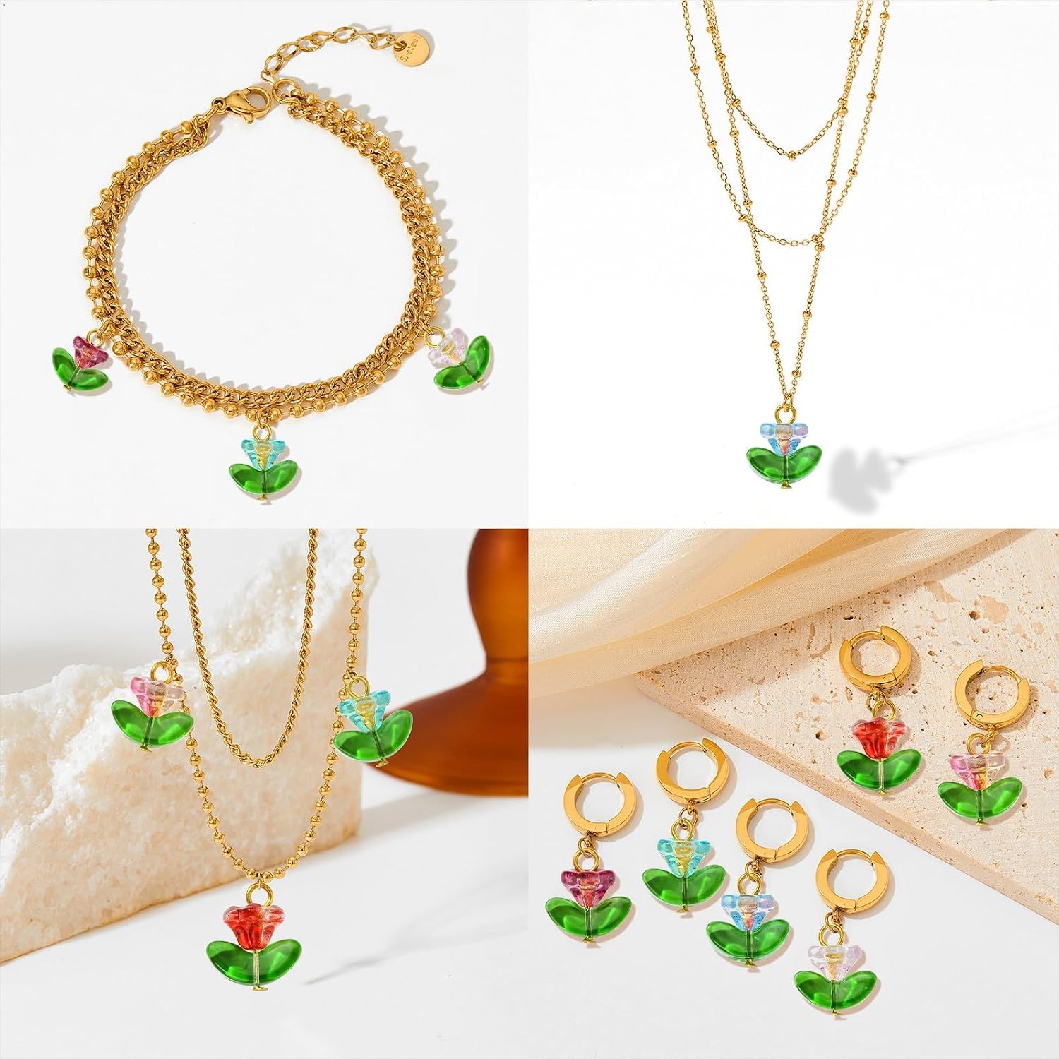 LiQunSweet 120 Pcs 6 Colors Petunia Flower Glass Charms Morning Glory Floral with Leaf Crystal Charms for DIY Jewelry Earrings Necklace Craft Decoration