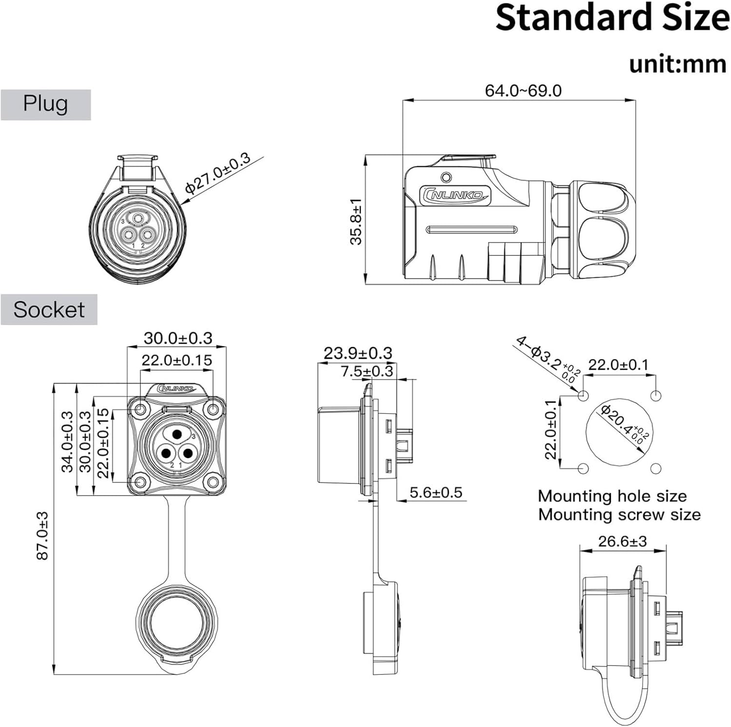 1Pcs M20 2/3/4/5/7/9/10/12/14 Pin IP68 Waterproof Power Cable Connector Safety Bulkhead Industrial Wire Connector(5-Pin Socket)