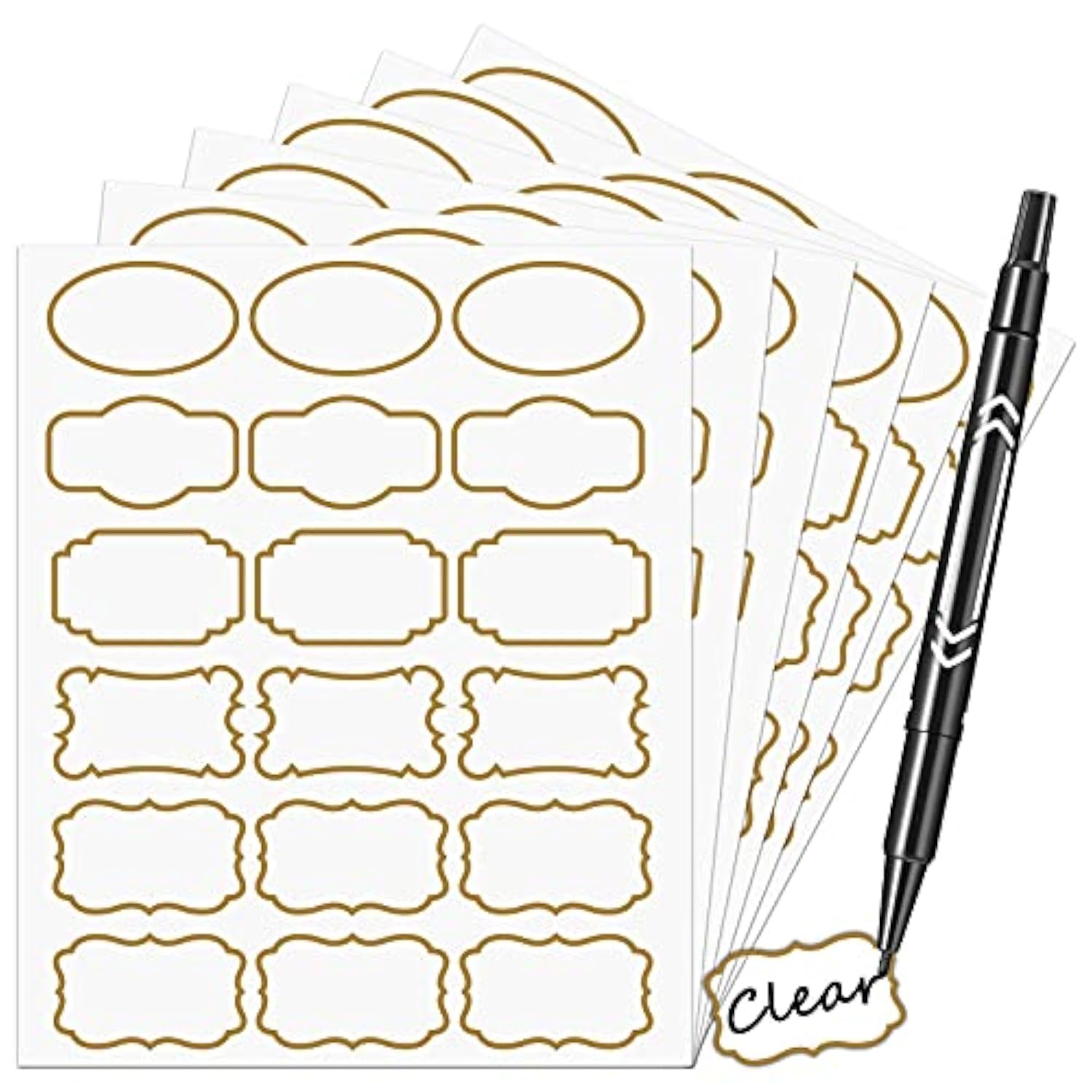 Nardo Visgo Transparent Clear Stickers with Trendy Golden Border,Removable Waterproof Transparent Jars Labels in Assorted Sizes for Jars,Storage Containers or Craft Decoration,93pcs