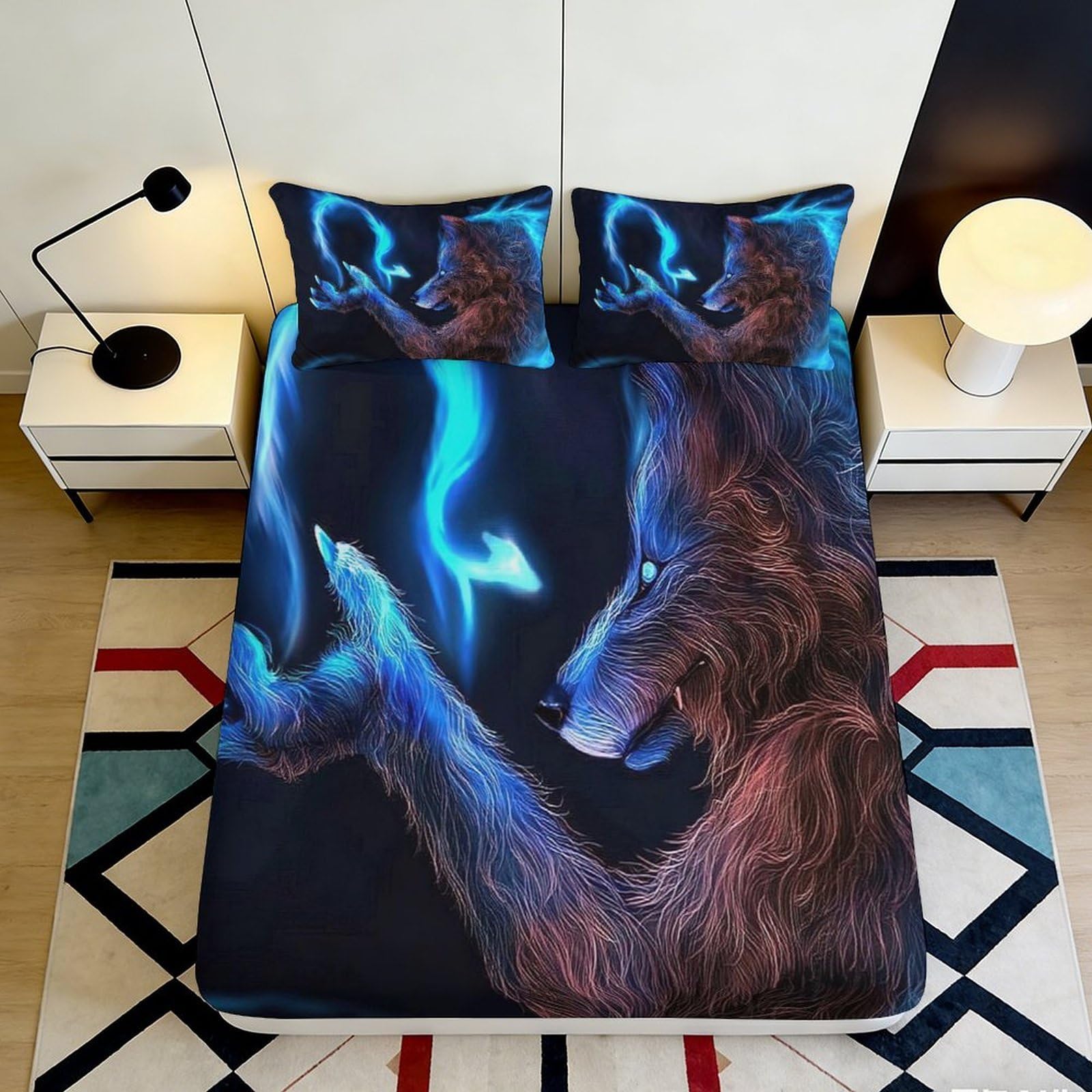 3D Printed Blue Wolf Fitted Sheet Microfiber Bedroom Decor Fantasy Animal Bed Cover Machine Washable 90x200x25cm