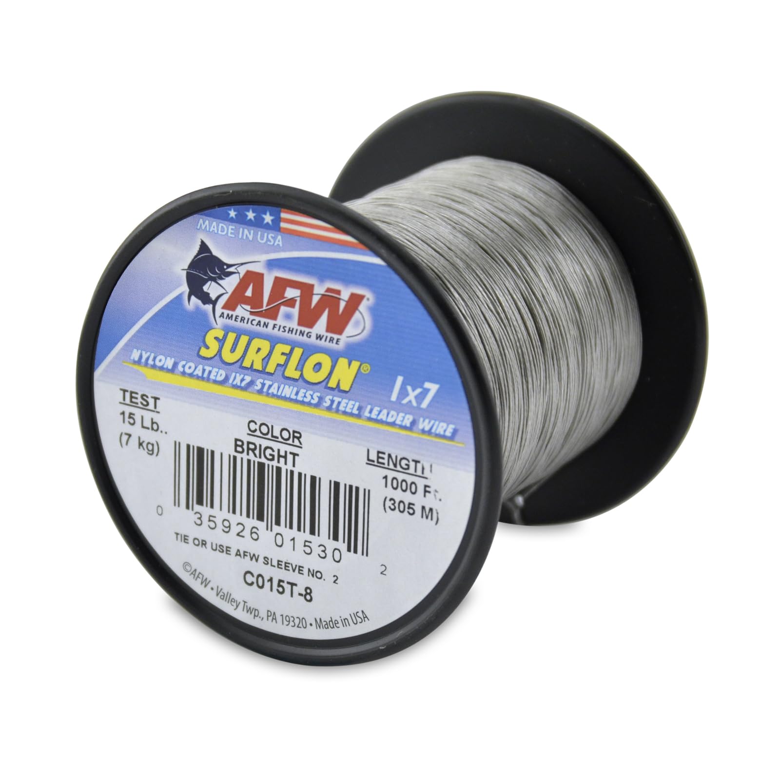 American Fishing Wire Surflon Nylon powlekany drutem ze stali nierdzewnej 1 x 7 - żyłka wędkarska do słonej wody, test 4,5 kg - test 113 kg w jasnym, czarnym, kamuflażu o długości 9 m, 30 m, 90 m i