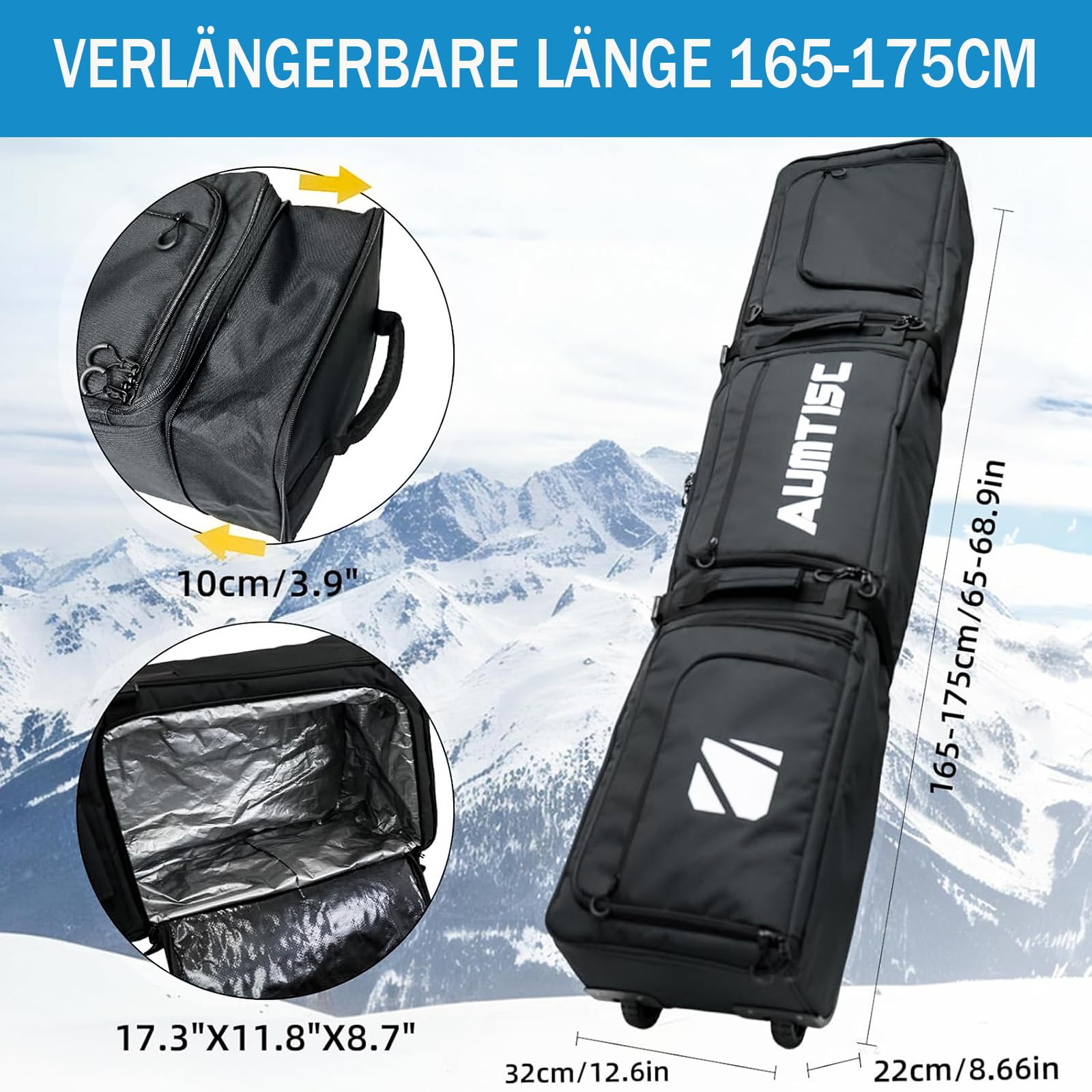 AUMTISC Sac de Snowboard Rembourré avec roulettes pour Voyages en Avion, jusqu'à 165-175 cm - 3