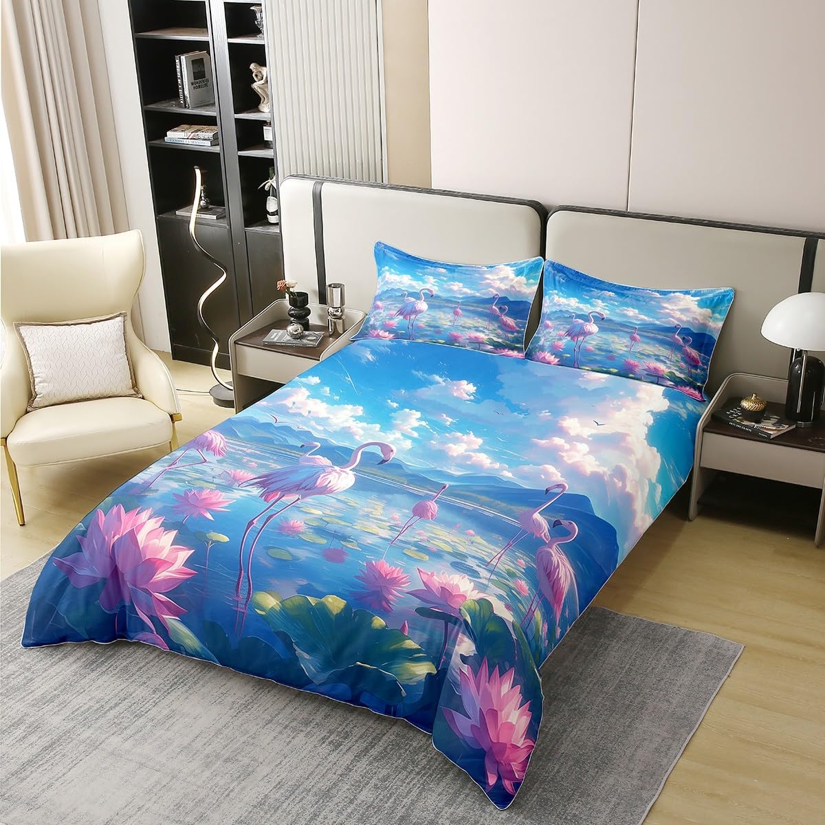 2 Pieces Flamingo Duvet Cover 100% Nature Cotton Twin,Dreamy Pink Lotus Flower Leaves Cartoon Birds Comforter Cover,Watercolor Sky Blue and White Super Soft Bedding (Not Comforter)