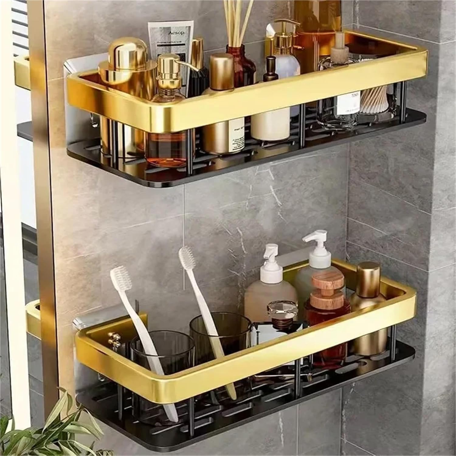 Gold Double Aluminum Shelves No Punch Holes Bathroom Kitchen Storage Organizer Install Space Saving Modern Design(Black Gold-1PCS)