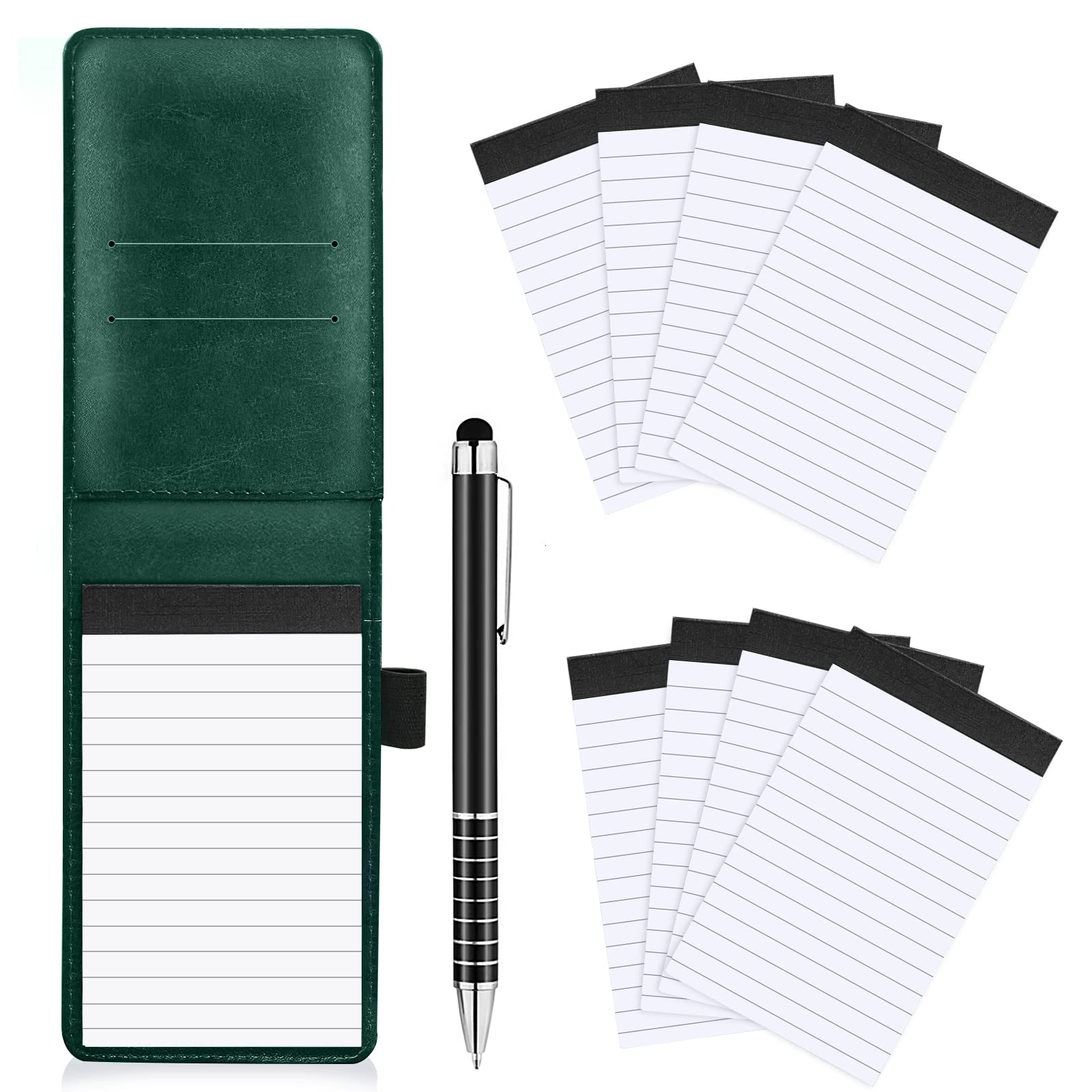 EVNEED Mini Pocket Notepad Holder, Included Pocket Notebook Holder with 50 Lined Sheets, Metal Pen, and 8 Pieces 3 x 5 Inch Memo Book Refills,Dark Green
