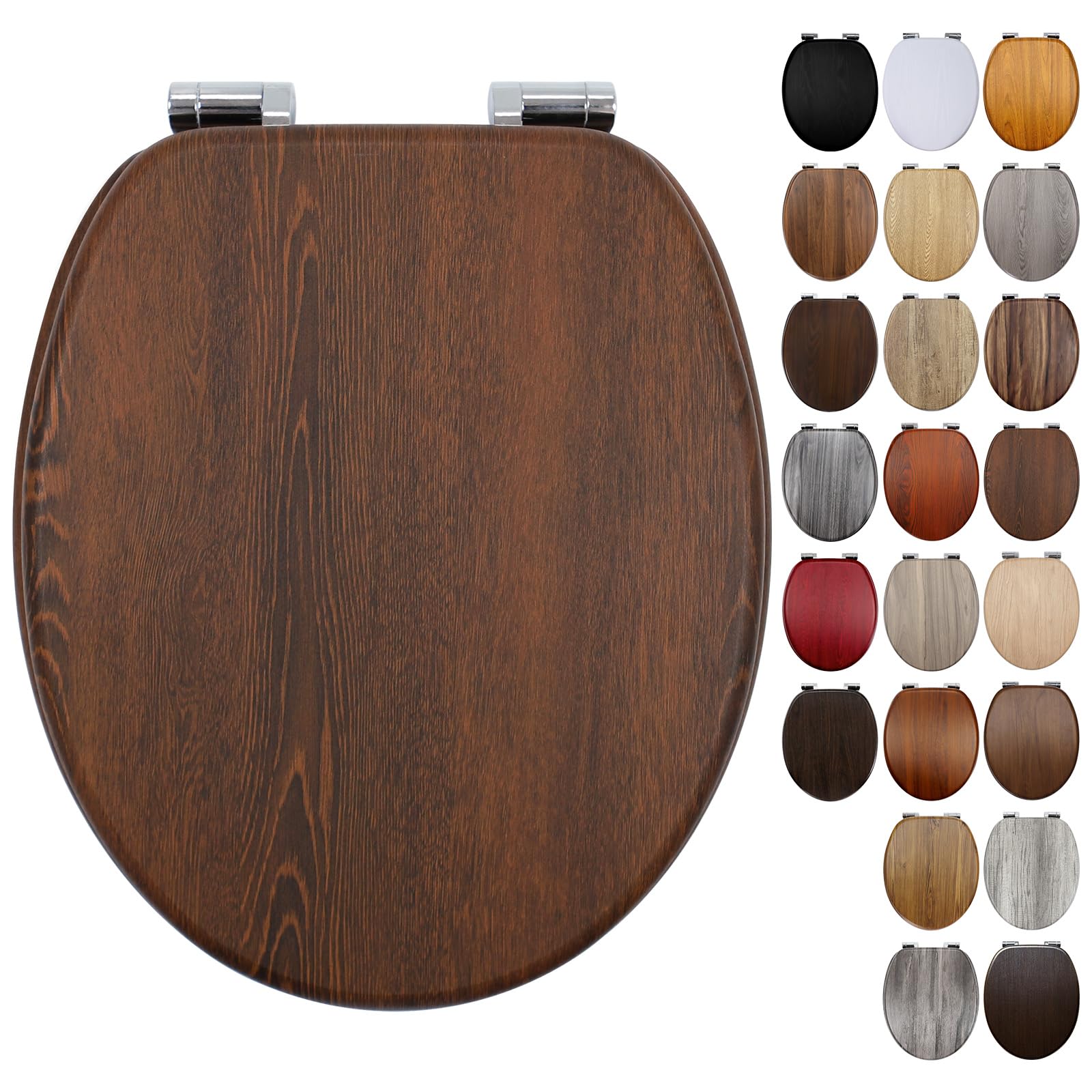 Fanmitrk Toilet Seat Wooden Soft Close with Adjustable Solid Zinc Alloy Hinges, MDF Wood Oval Toilet Seat with Bottom Fixings, Easy to Clean and Install (18BL47-1)