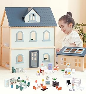 PairPear Large Wooden Dollhouse, 3 Story Play House with 64 Pieces Furniture Accessories & Garage, Pretend Play Family Dollhouse Gift for Kids 3+