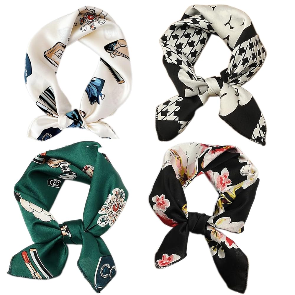 Hixixi 4 PCS 50s Satin Neck Scarf Dots Floral Striped Small