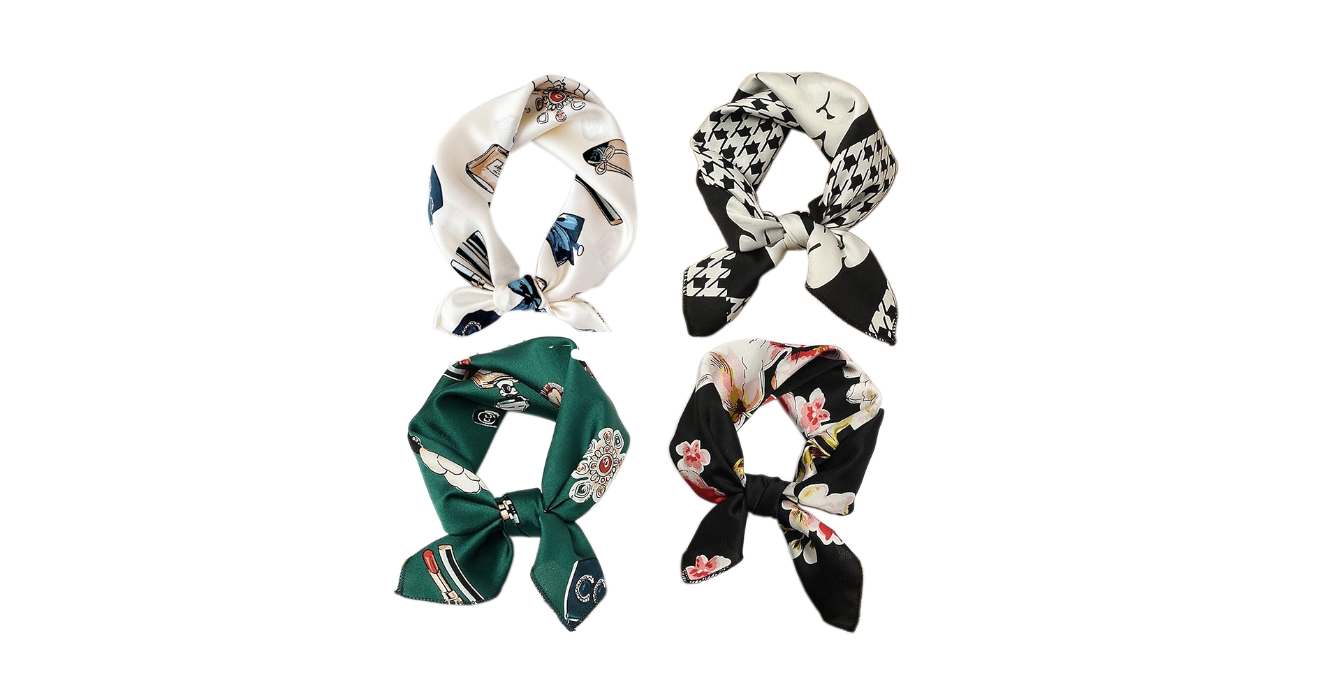 Hixixi 4 PCS 50s Satin Neck Scarf Dots Floral Striped Small