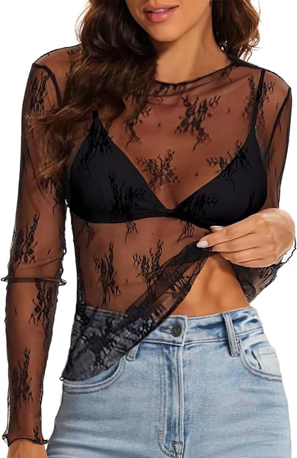 WIHOLL Womens Mesh Sheer Tops Sexy Crew Neck Summer Loose FIt Party Clubwear Shirts