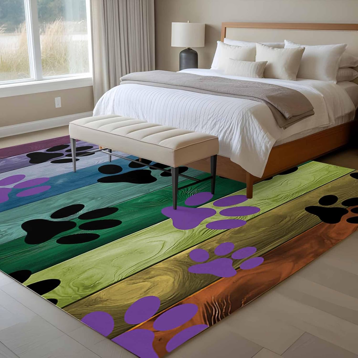 Colorful Dog Large Area Rugs 5x8 ft Paw Prints on The Board Washable Rug Non Slip Indoor Carpet Absorbent Floor Mat for Living Room Bedroom Dining Room