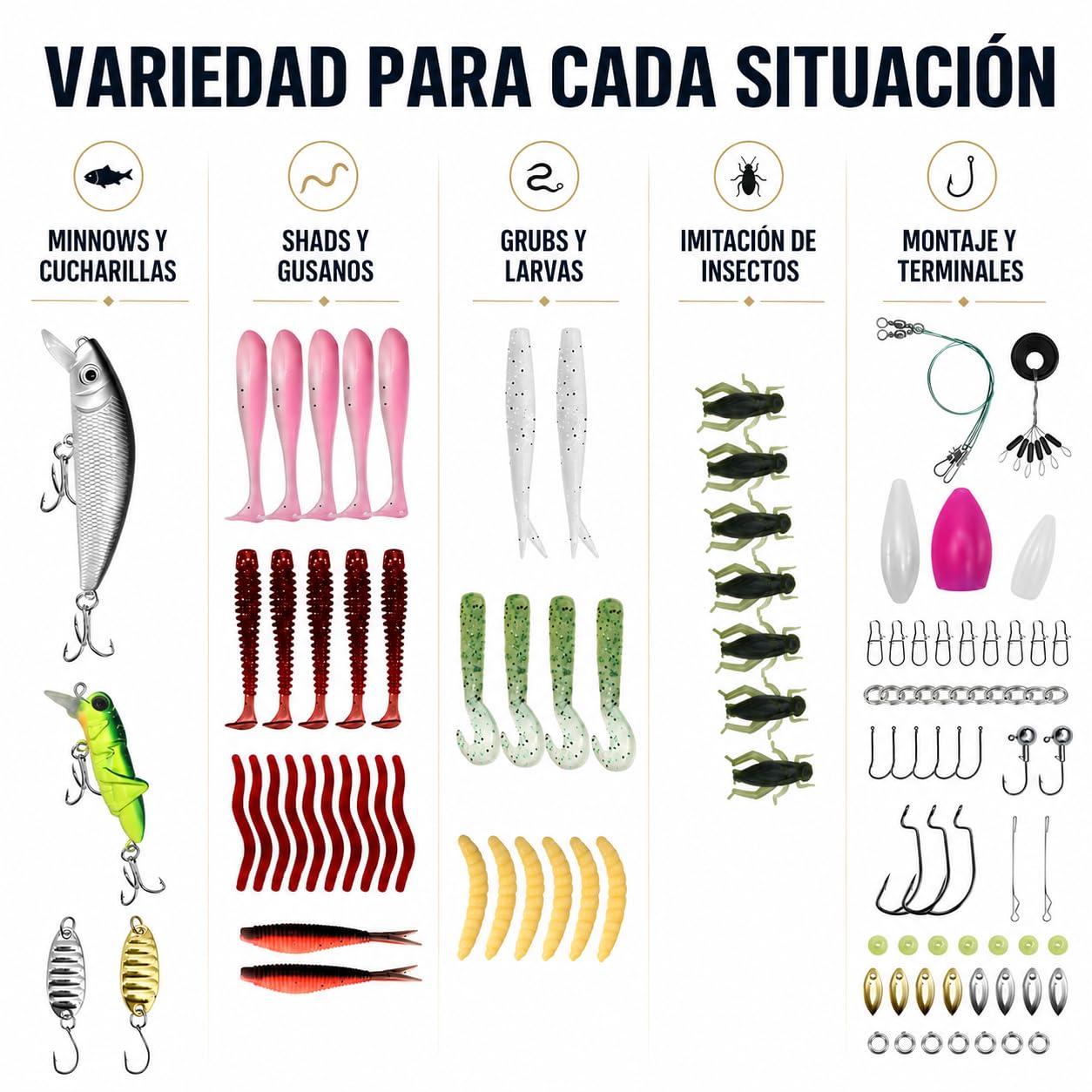 Kit de Señuelos de Pesca Spinning - Caja de Aparejos Completa con Cebos Artificiales Mixtos: Minnow, Saltamontes, Vinilos, Cucharillas y Anzuelos - Equipo de Pesca para Mar y Río (Black Ba — view 3