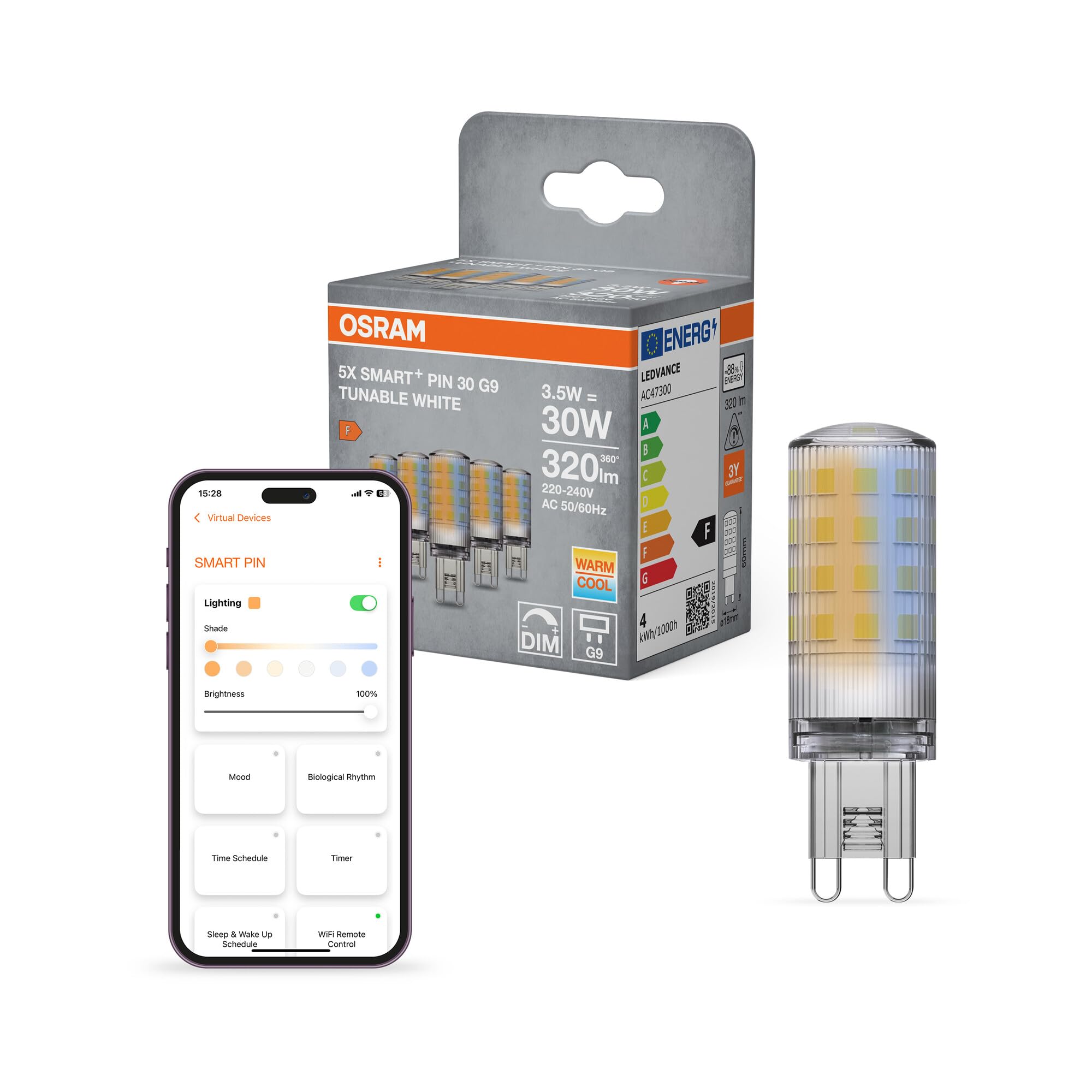 OSRAM Smart+ WiFi PIN G9 3,5W 827, bianco sintonizzabile 2700-6500K, 320 lm, 20.000 ore, compatibile con Alexa e Google,5-Pack