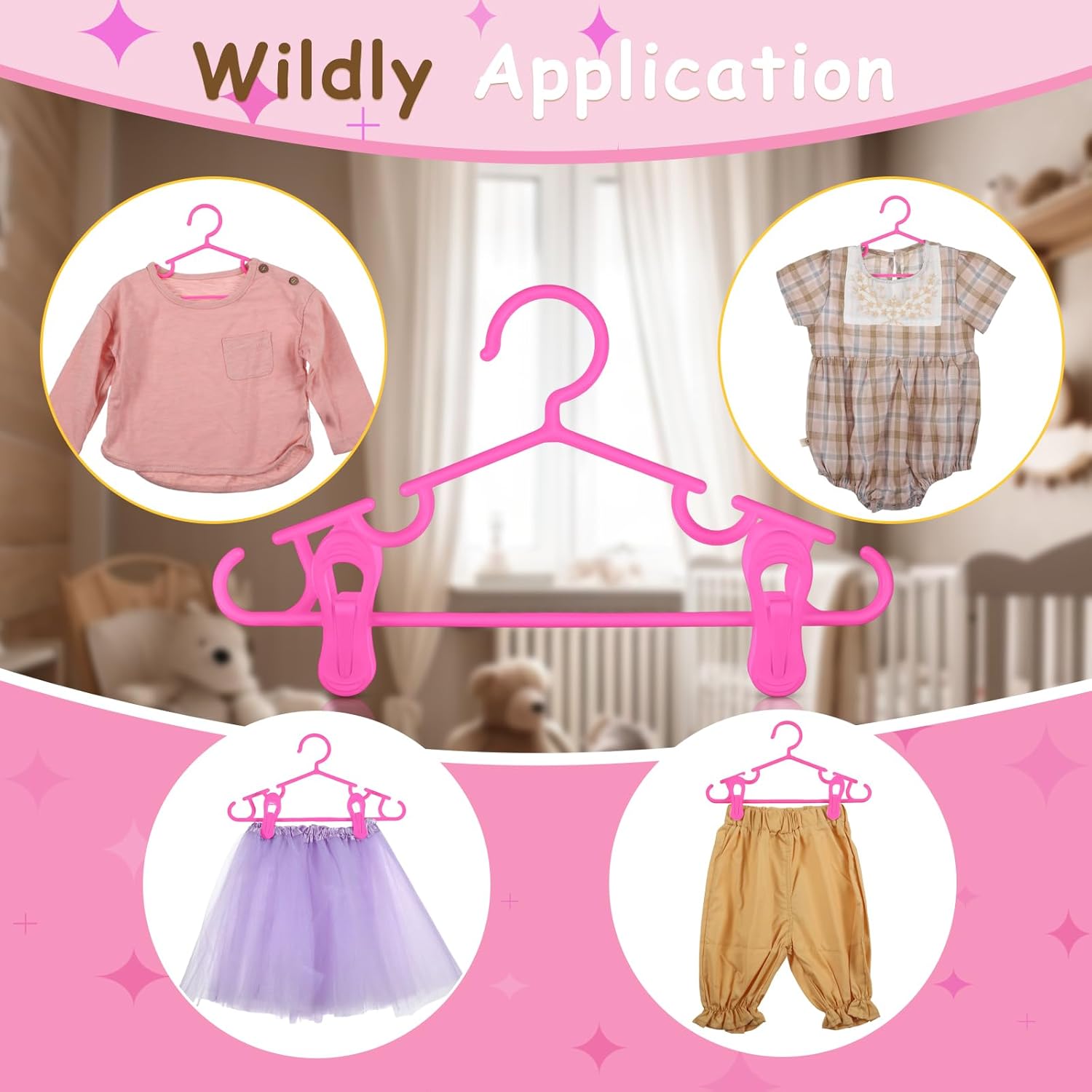 Hsei 5/10/40 Pack Baby Hangers with 10/20/80 Clips, Plastic Kids Pants Hangers for Nursery Closet Top and Bottom Clothes Hanger Set for Newborn Infant Toddler(120 Packs Total,Pink,10.6 Inch) - Image 4