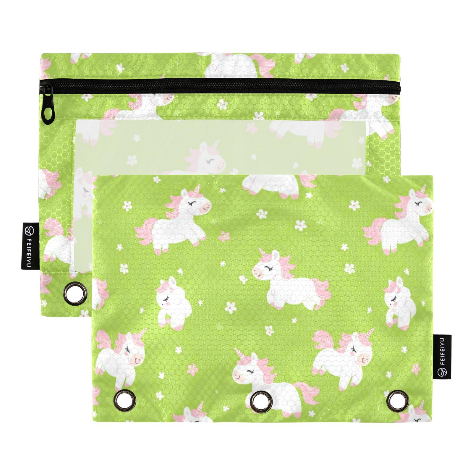 Binder Pouches,Cute Unicorns Pink Pencil Pouch for 3 Ring Binder 2 Pack Clear Pencil Bag with Zipper for Office School Supplies