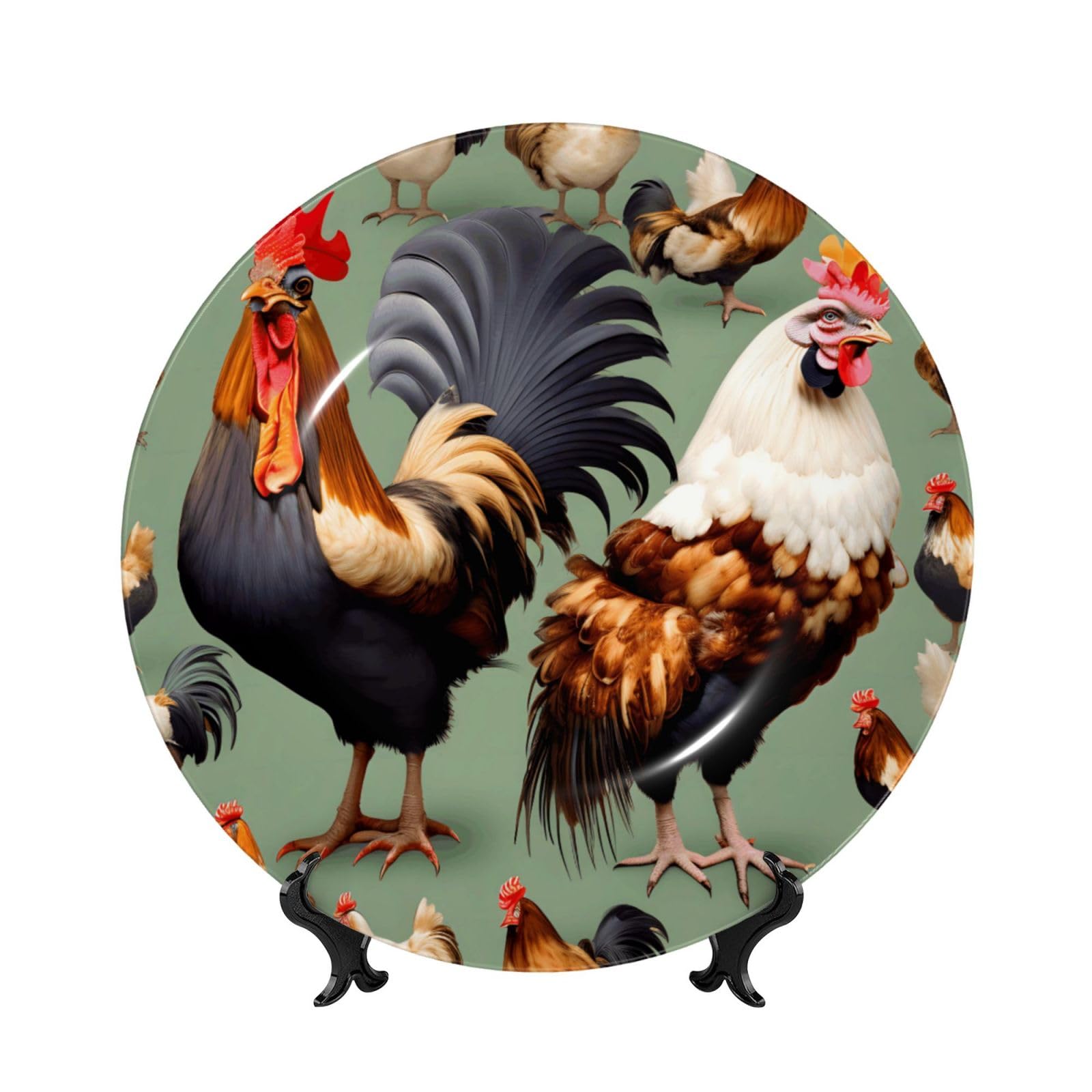 SXZVVBN Rooster and Chicken Bone China Decorative Plate Art with Stand Removable Adhesive Hanging for Home Office 10in（25cm）