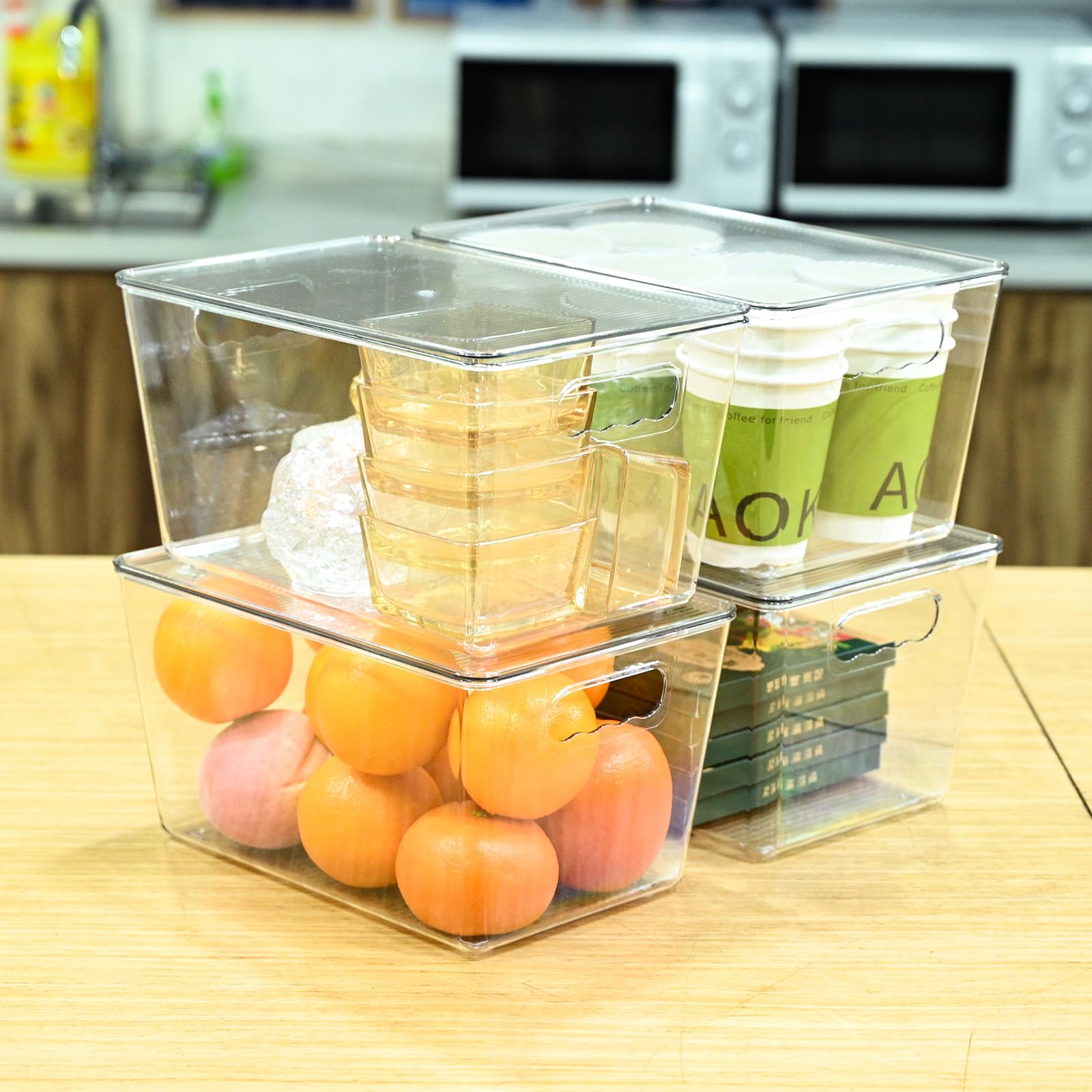 6er Pack Kühlschrank Organizer mit Deckel Bins 29x19x15 cm | Versiegelte & stapelbare Aufbewahrungsbehälter mit Deckel & Griffen. Ideal für Küche, Gefrierschrank & Vorratskammer.