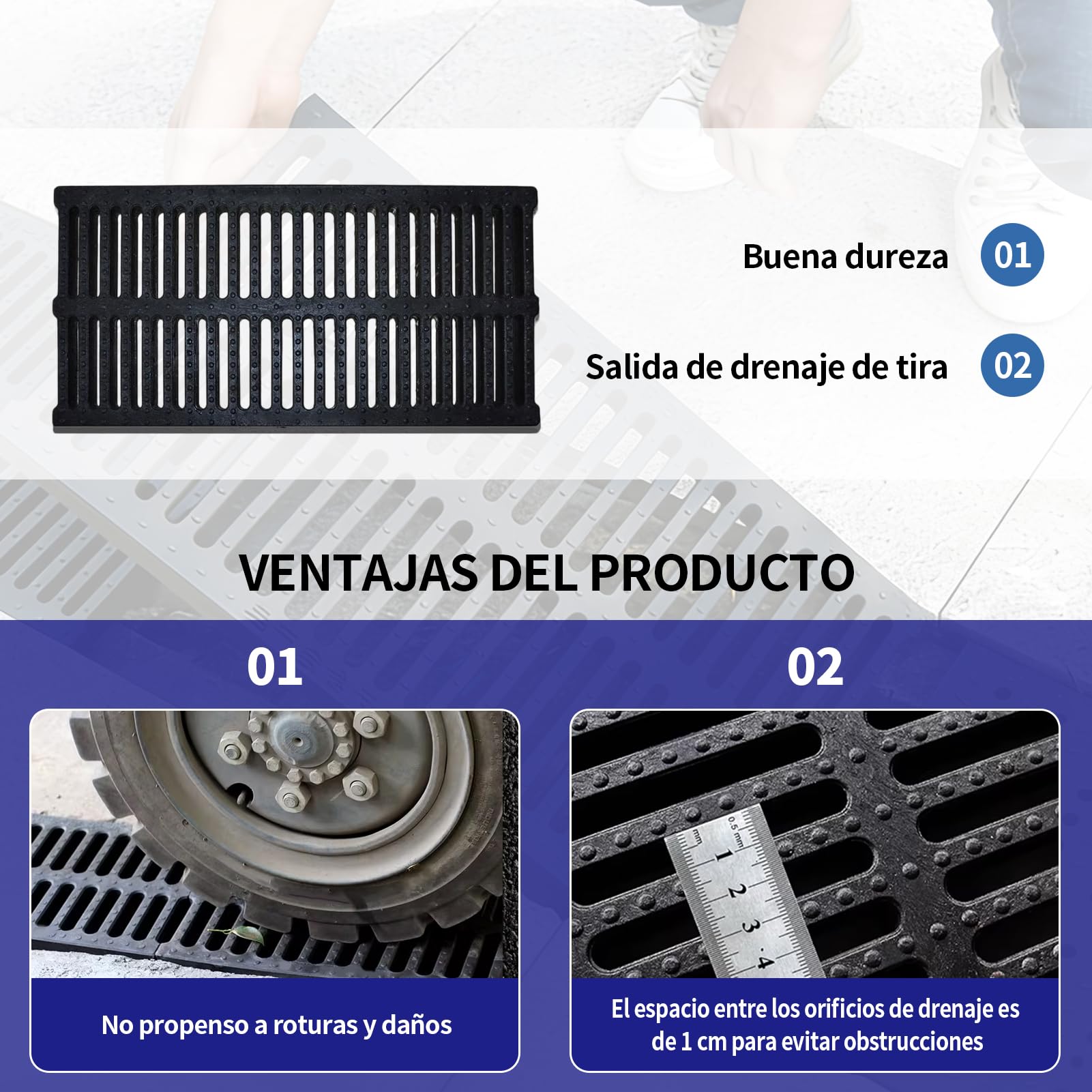 Rejilla Antideslizante para Canal de Desagüe | Superficie con Puntos de Agarre Seguro Incluso Mojada | Ideal para Bordes de Piscina, Duchas y Zonas de Paso