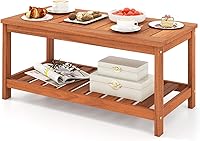 Vista 1 de HAPPYGRILL Mesa auxiliar de patio, mesa auxiliar de doble nivel con estructura de madera maciza, mesa de listones y estante, mesa de centro