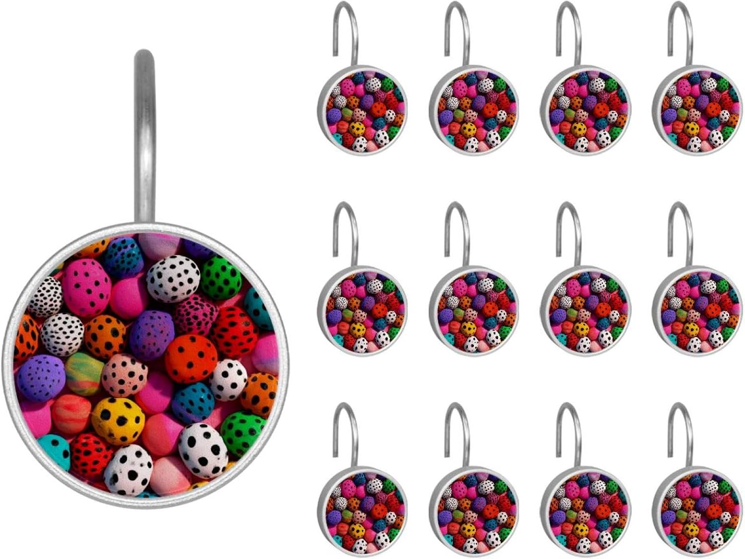 Green Background White Daisies (3) Round Crystal Glass Decorative Shower Curtain Hooks with 3D Pattern Visual, Rust Proof Shower Curtain Rings-12 Pack