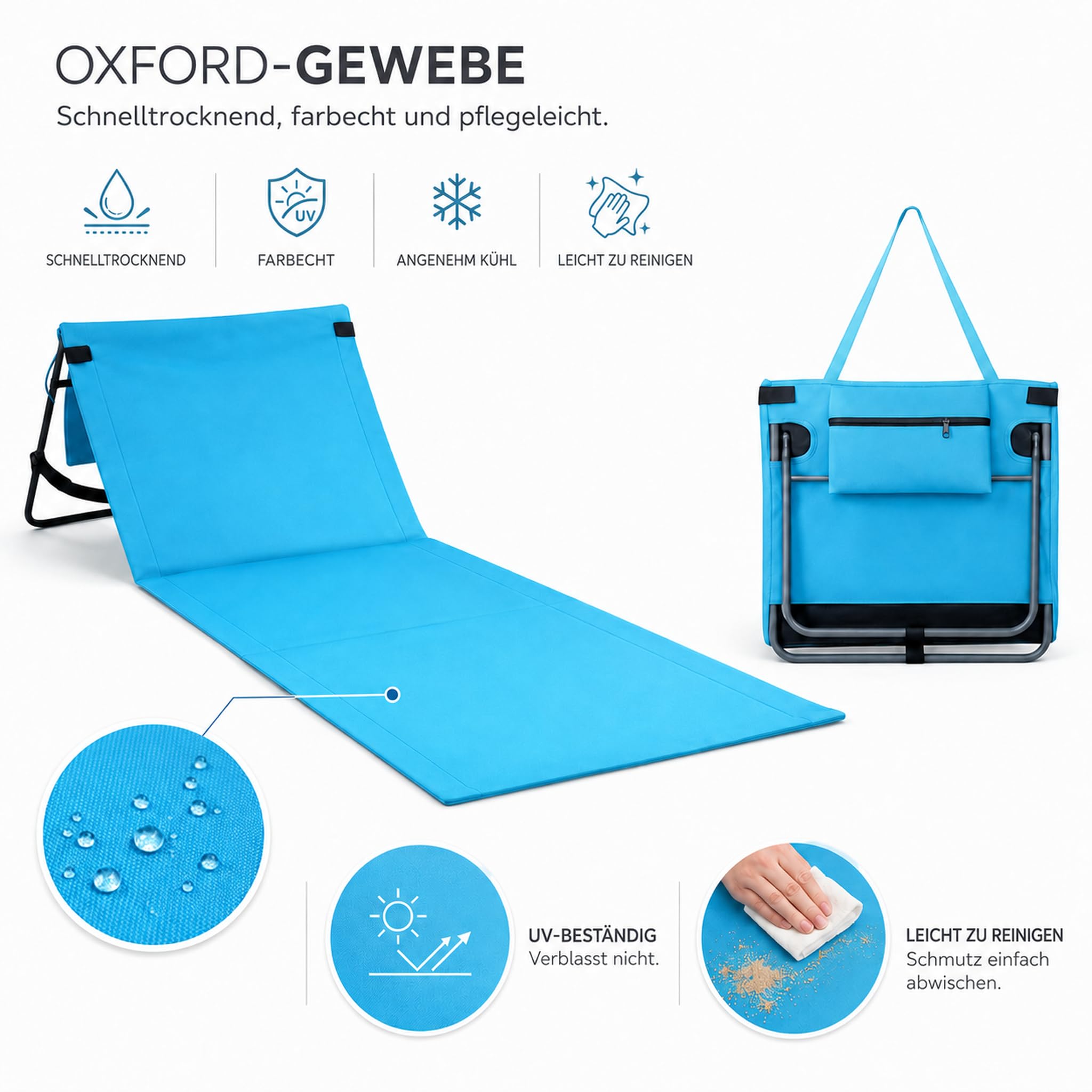 2er-Set Faltbare Strandliegen mit Verstellbarer Rückenlehne | Leichte gepolsterte Sonnenliegenmatten mit Schultergurt & Tasche, für Strand, Camping, Pool, Festivals, Reisen & Picknick