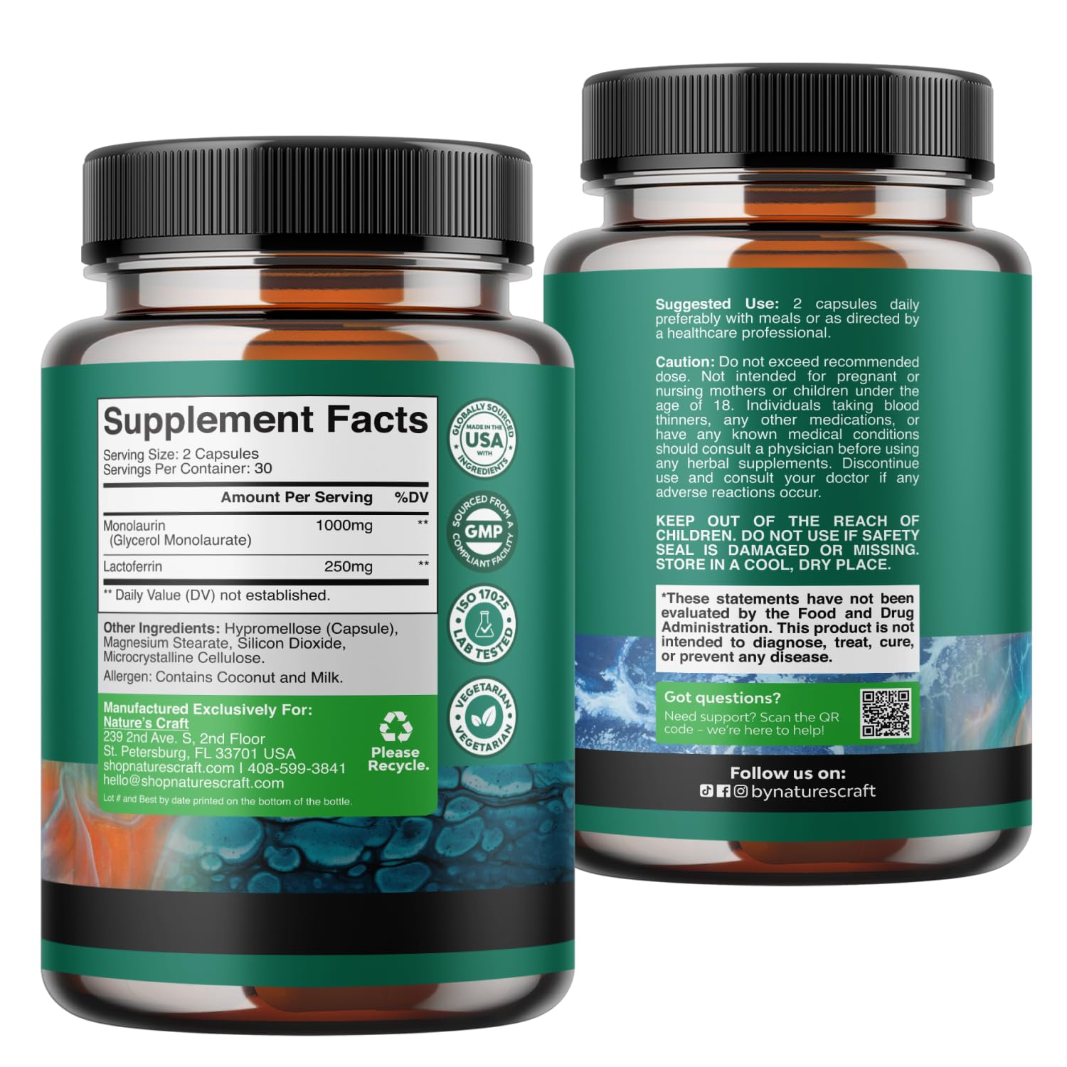 High Strength 250mg Lactoferrin & 1000mg Monolaurin Supplement - Microbiome Digestive Health Immune Support Supplement - Lactoferrin and Monolaurin Capsules - Vegetarian - 60 Count (Pack of 1) — Amazon image 8
