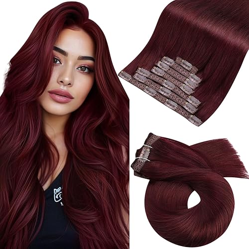 Moresoo Burgundy Human Hair Clip in Extensions 24inch Wine Red Hair Extensions Clip in Human Hair Double Weft Clip in Human Hair Extensions Red Wine #99J Full Head Set 7Pieces 120Grams