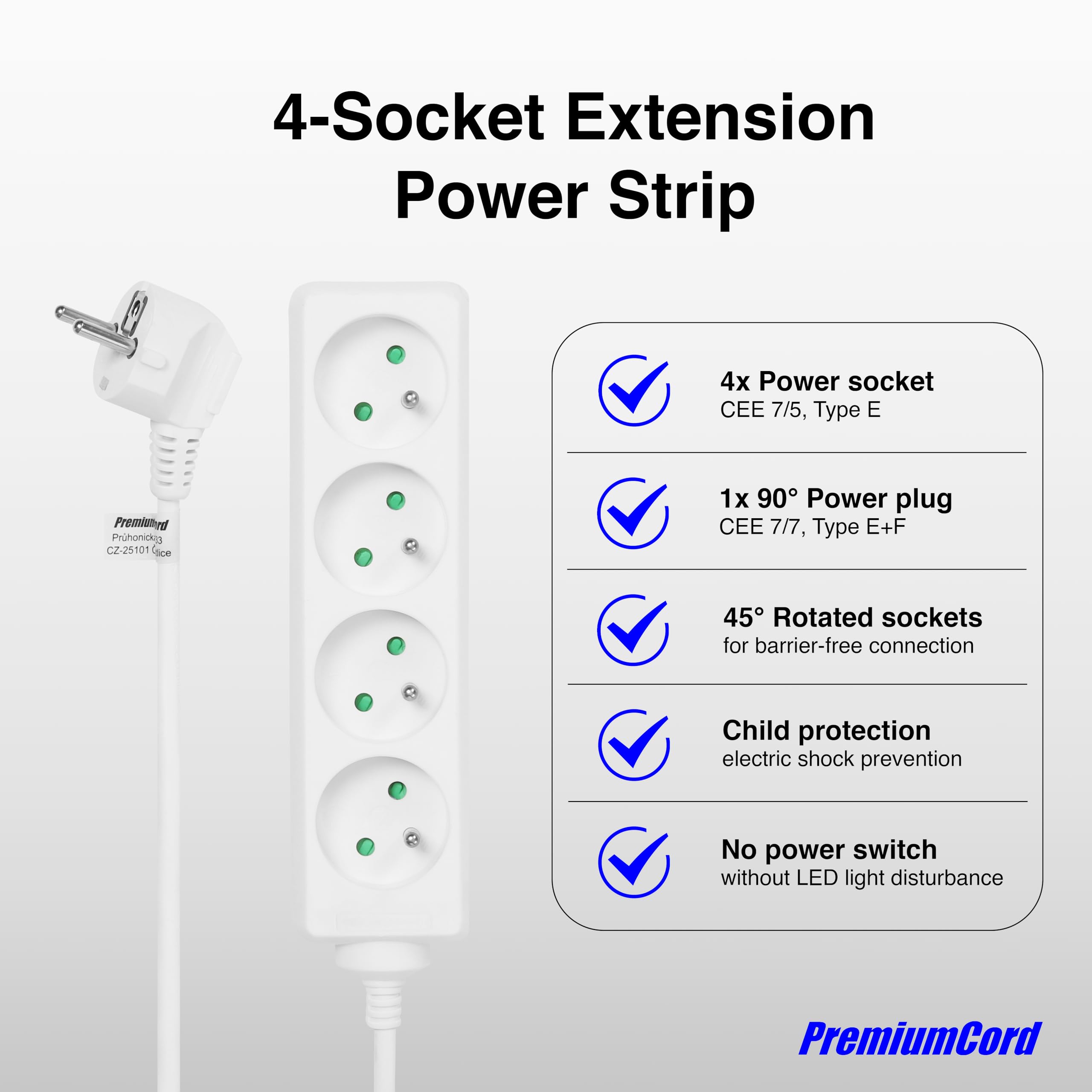 PremiumCord Multiprise 3m 4 Prises Françaises 230V Rallonge Sécurité Enfant Blanc