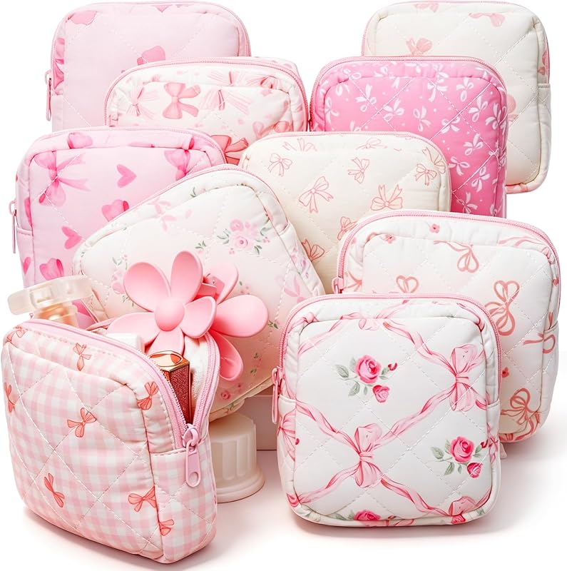 Paterr Necessaires de Maquiagem de Algodão Matelassado com Zíper, Estampas Florais, Pacote com 10