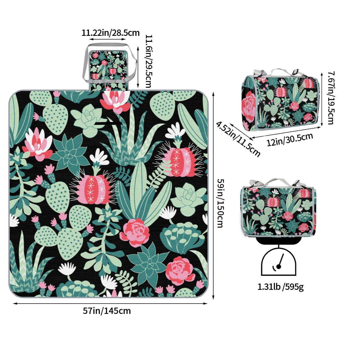 Shimoshe Picnic Blankets 57”x 59”, Cactus Flower Waterproof Sandproof Picnic Mat Lightweight Foldable Beach Blanket for Camping Park Grass Beach Outdoor Blanket