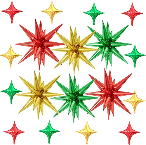 18 globos de estrella rojos, verdes y dorados, globos de aluminio de estrellas de Navidad con 6 globos de estrella en explosión de 22 pulgadas, 12