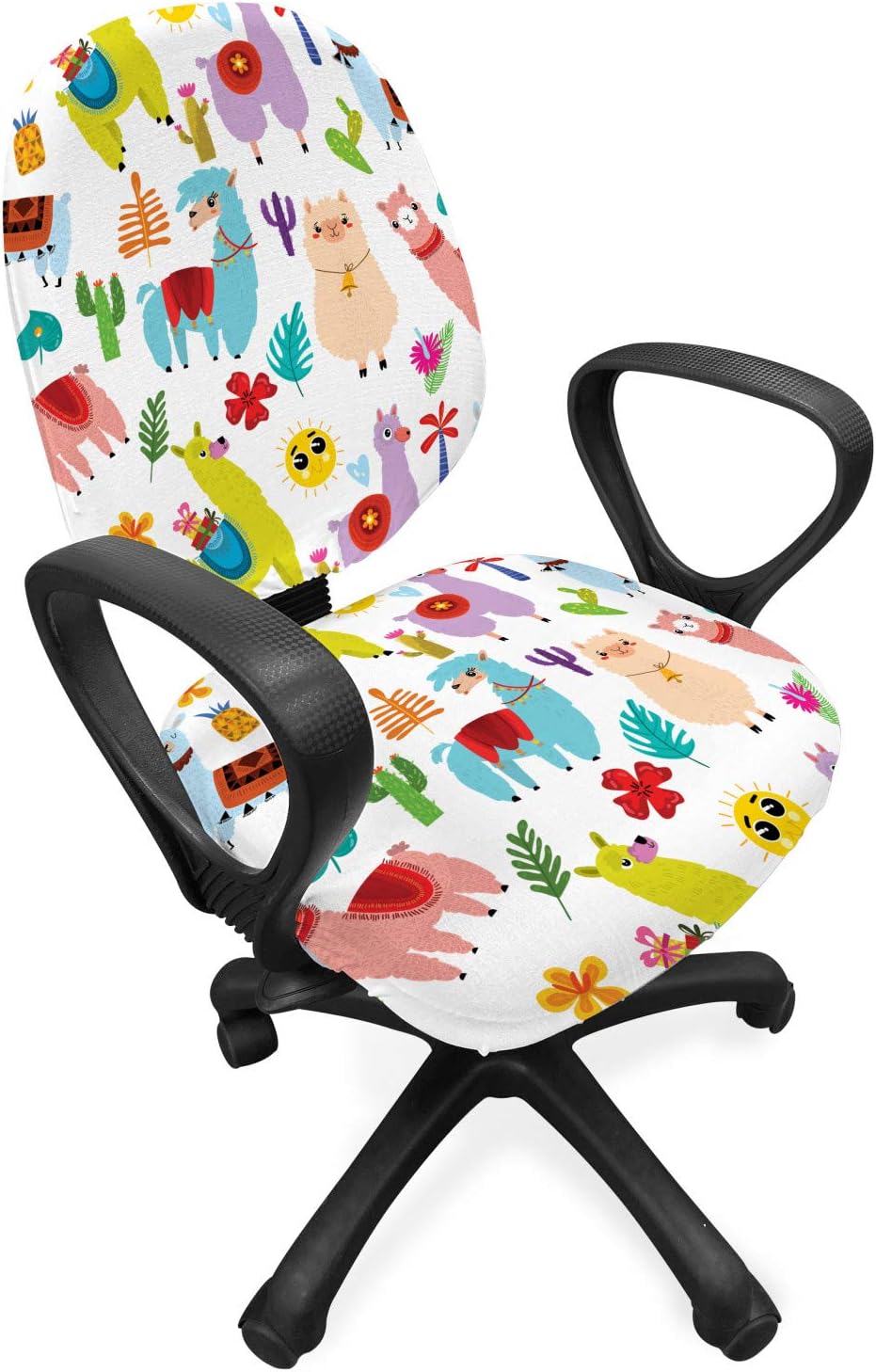 Ambesonne Animal Office Chair Slipcover, Playroom Pattern with Llama Alpaca Cactus and Leaves Design, Protective Stretch Decorative Fabric Cover, Standard Size, Peach Patel Pink Turquoise