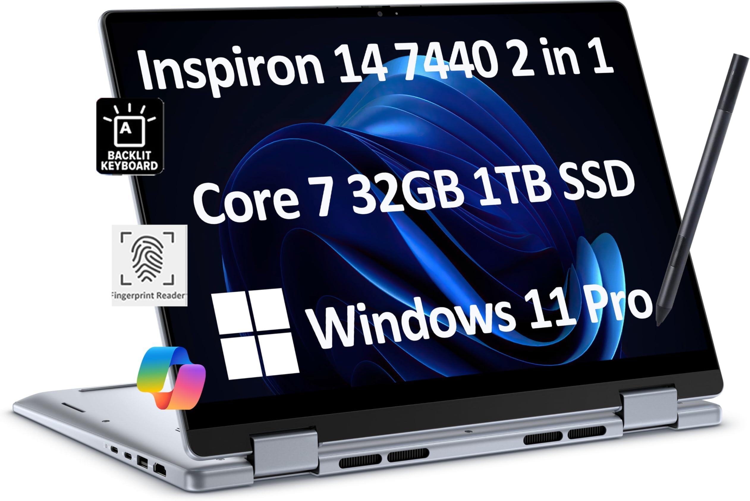 Dell Inspiron 14 7440 2-in-1 Business Laptop (14" FHD+ Touchscreen, Intel Core 7 150U(> i7-1355U), 32GB RAM, 1TB SSD) Backlit KB, FP Reader, FHD Webcam, IST Active Pen, Win 11 Pro w/AI Copilot, Blue