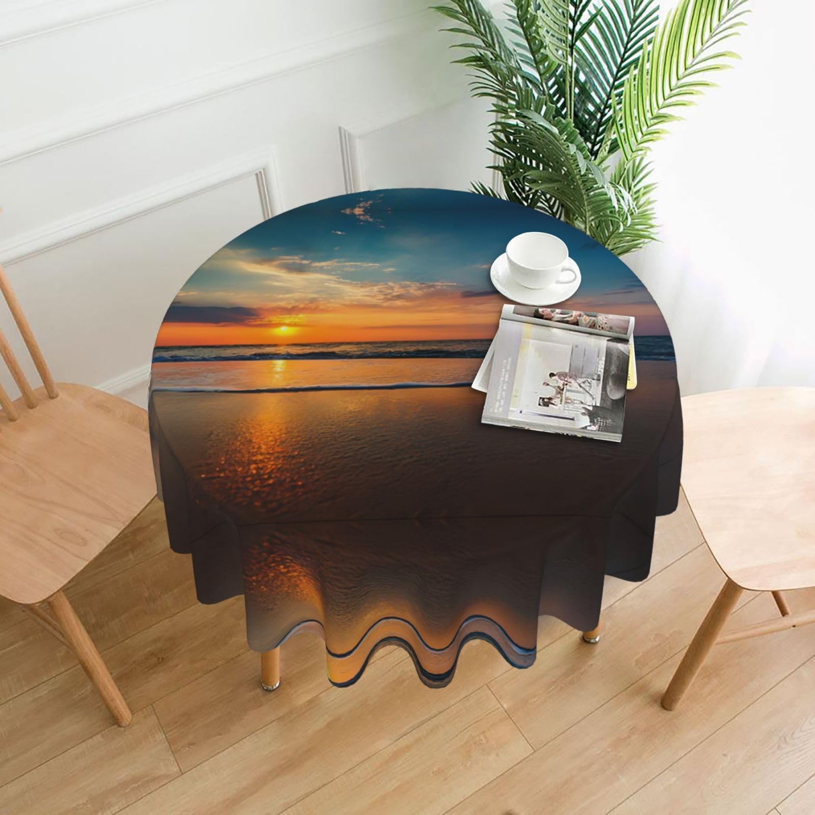 Hjfczh Black Beach Wave Sunset Prints Round Table Throw 60 Inch - Waterproof Table Cover - Soft & Wrinkle Resistant Decor Layer For Dinners, Parties & Everyday Use