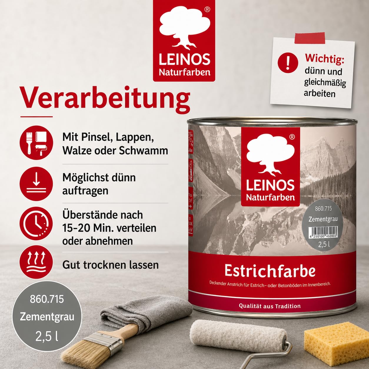 Leinos Naturfarben Estrichfarbe 860 | 2,5 Liter | für innen | Schutz & Farbgebung für offenporige Estrich- & Betonflächen | abriebfest, wasserabweisend | Anthrazitgrau (2,5 Liter Zementgrau)
