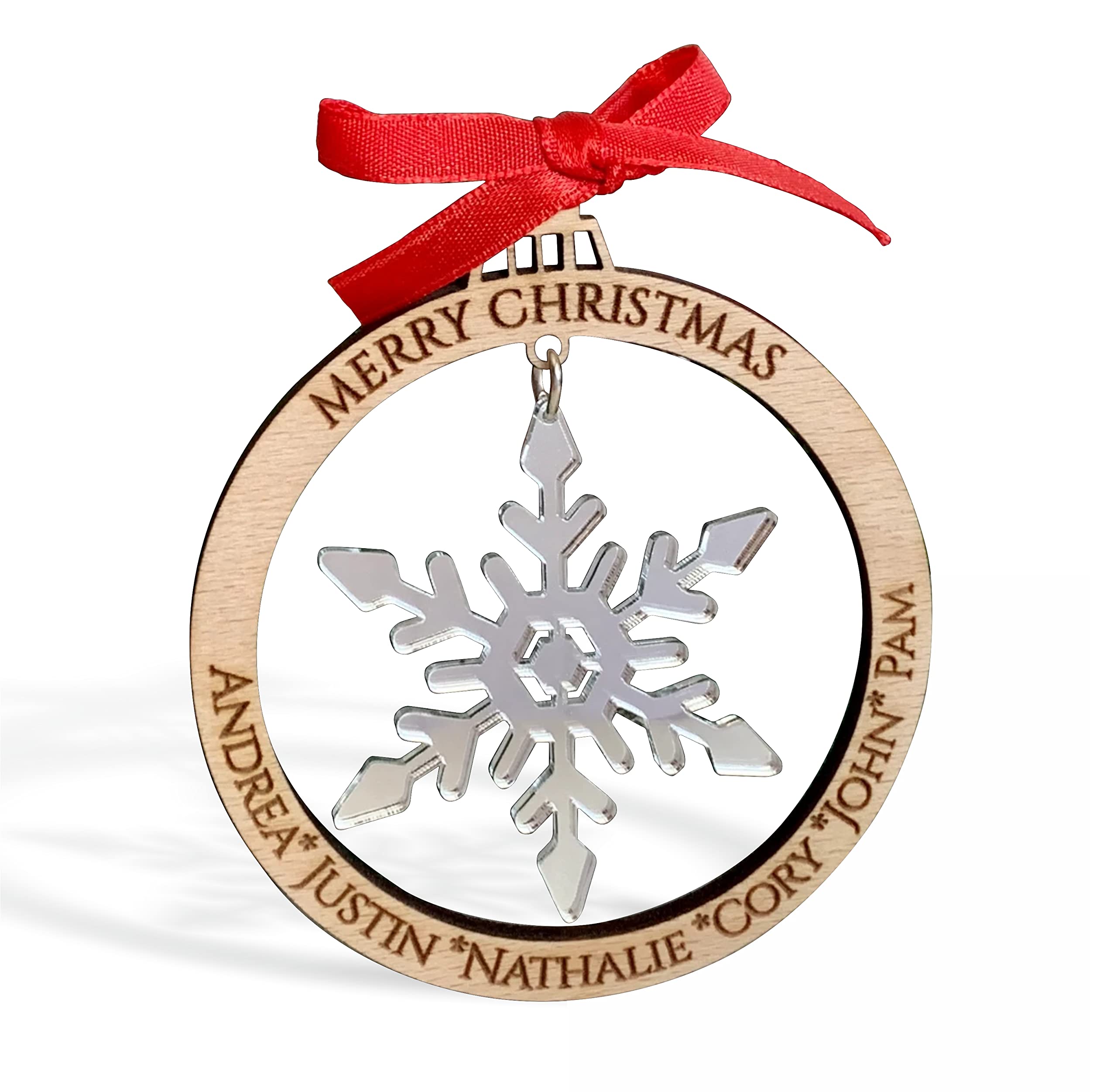 Personalised Christmas 2025 Tree Ornament, Custom Engraved Names, Family Members, Laser Cut Wood Bauble, Hanging Acrylic Snowflakes, Xmas Decor, Home Decorations, Wooden Ornament, Gift for Family