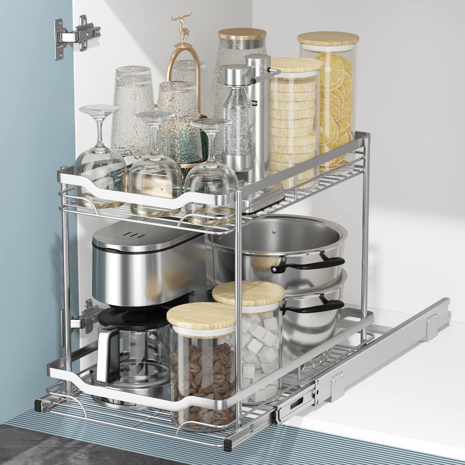 Photo 1 of Amazer Pull Out Drawers for Kitchen Cabinets 14.2" D×20" W, 2 Tier Pull Out Cabinet Organizer, Sturdy Cabinet Pull Out Shelves, Metal Slide Out Cabinet Organizer for Home Appliances, Cookware- Chrome 14"W x 21"D,2 Tier Chrome