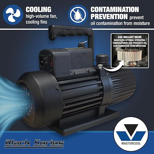 Miniatura 4 de Mastercool 90066-2V-110-BL Bomba de vacío de dos etapas Black Series 6 CFM, doble voltaje 110V220V, motor protegido térmicamente, ventilador de alto