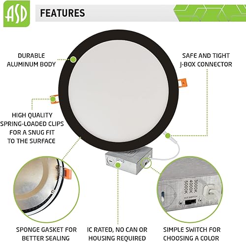 Miniatura 4 de ASD Luz LED empotrable de 12 pulgadas, 3 CCT, 3000 K, 4000 K, 5000 K, seleccionable, clasificación IC, ultra delgada, regulable con caja de