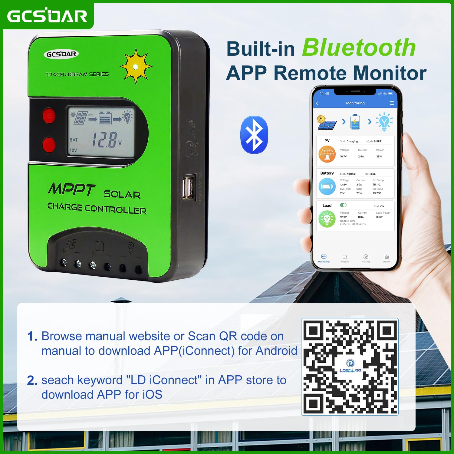 MPPT Regolatore di carica 30A 12V 24V Auto Max PV 75V, modulo Bluetooth APP controllo pannello solare regolatore di carica solare per gel sigillato AGM litio LiFePO4