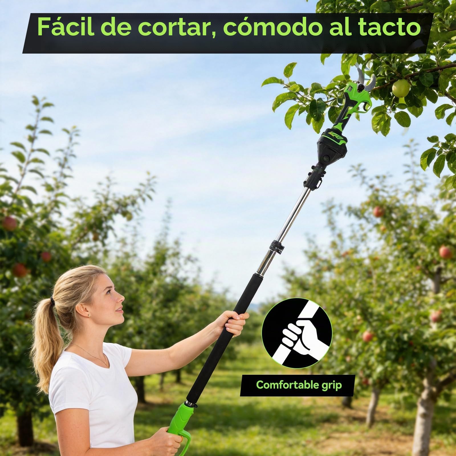Tijeras de Podar Eléctricas con Pértiga Telescópica 2 m 30/40 mm | Cabezal giratorio 180°, pantalla de batería, perfecta para olivos, frutales y viñedos