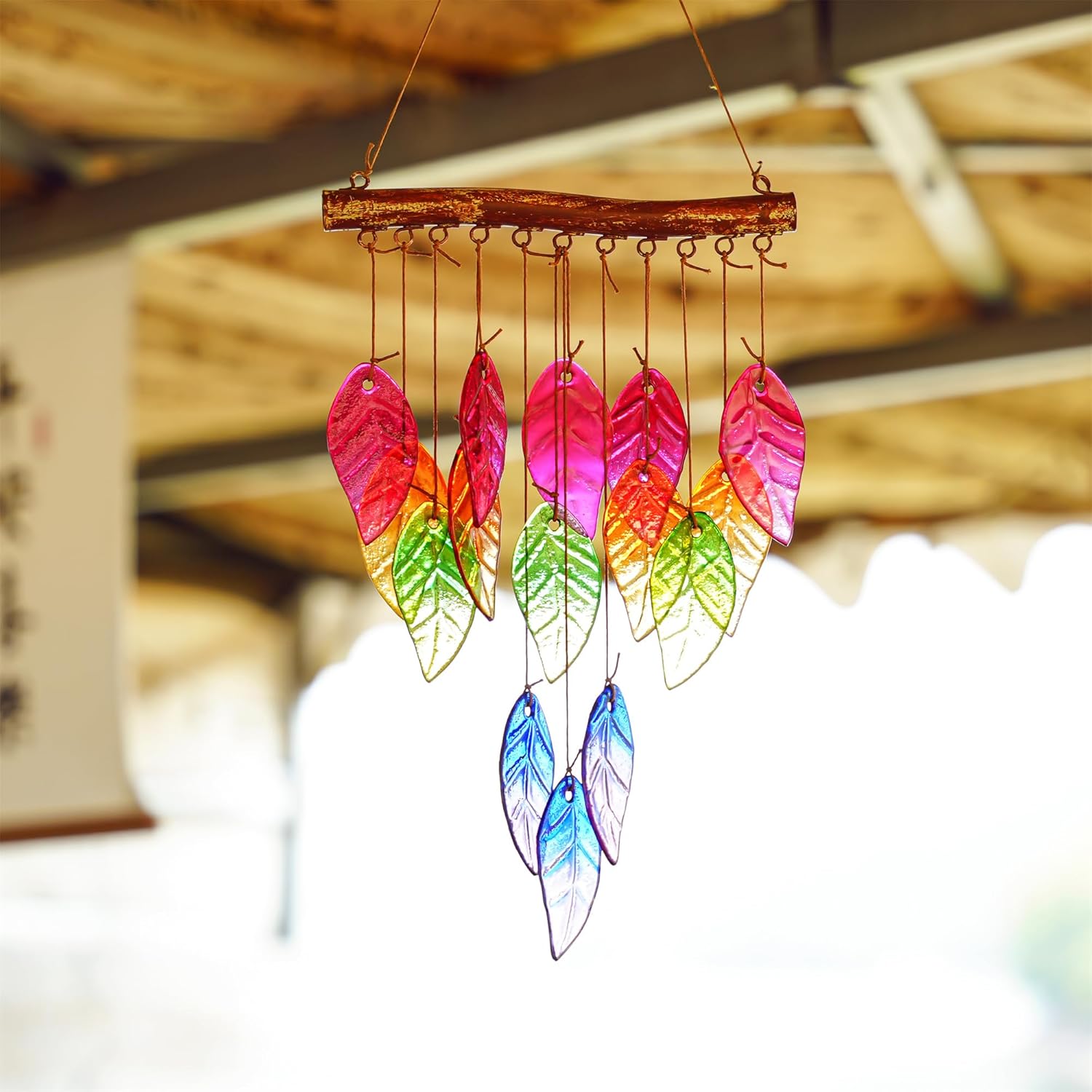 Glass Wind Chimes Suncatcher for Outside,23" Colorful Glass Leaf Wind Chimes Outdoor,Crystal Hanging Wind Chime for Home,Garden,Patio and Yard Decor - Image 6