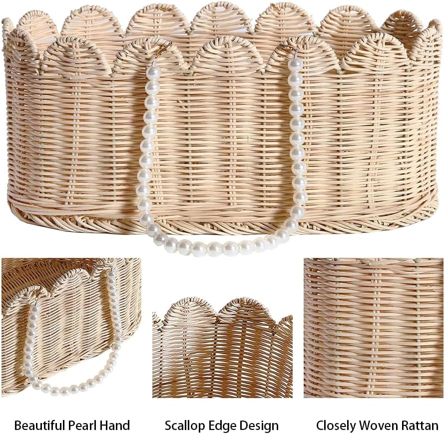 Set of 2 Scalloped Basket, Wicker Storage Baskets, Hand Woven Baskets for Shelves,Natural Baskets for Organizing (Rattan(Ellipse-16"L x 10"W x 7"H))