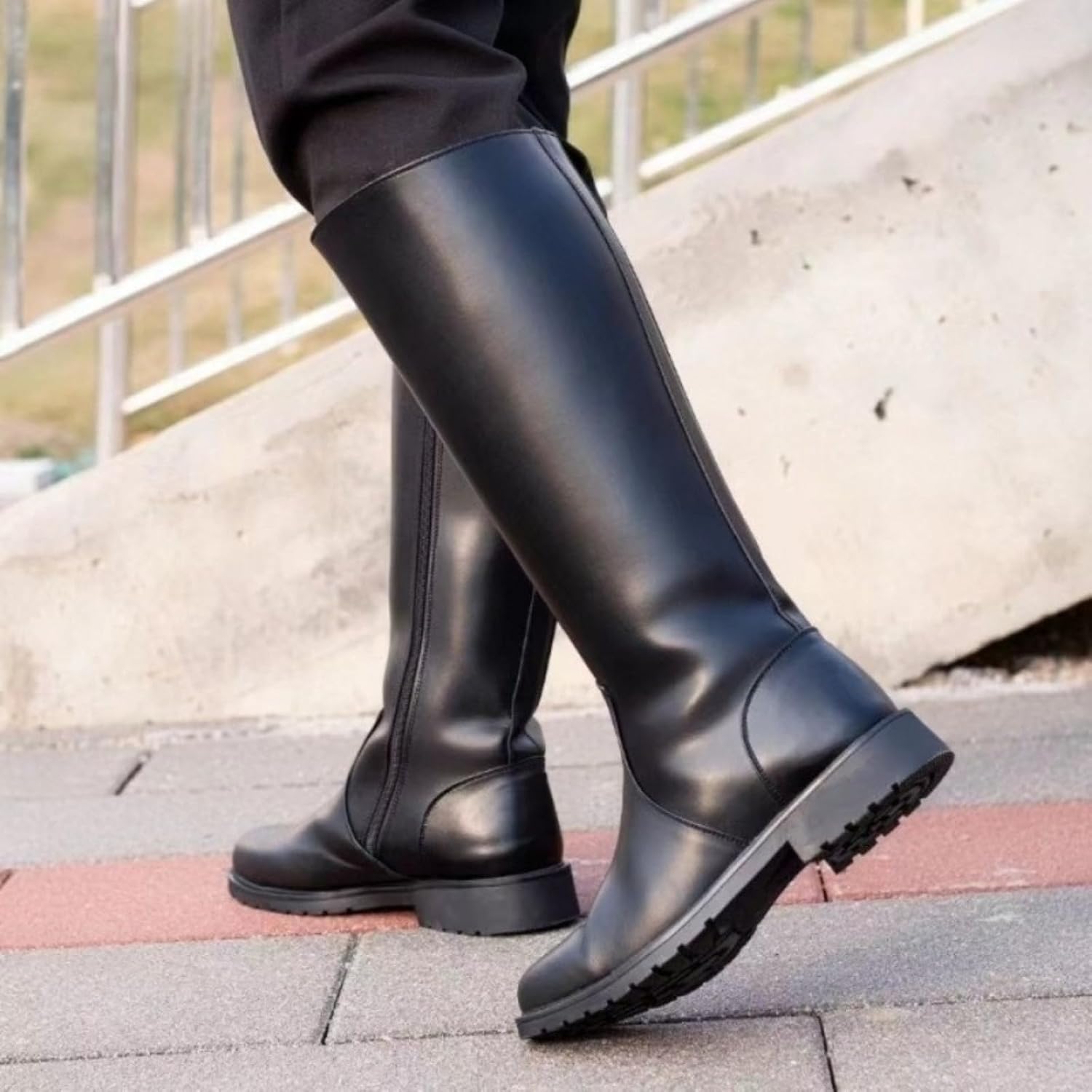Unisex Leather Side Zipper High Boots Classic Pointy Toe Flat Block Heel Comfortable Soft Non-Slip Sole Knight Boots For Daily Horse Riding Outdoor Army Farm Party