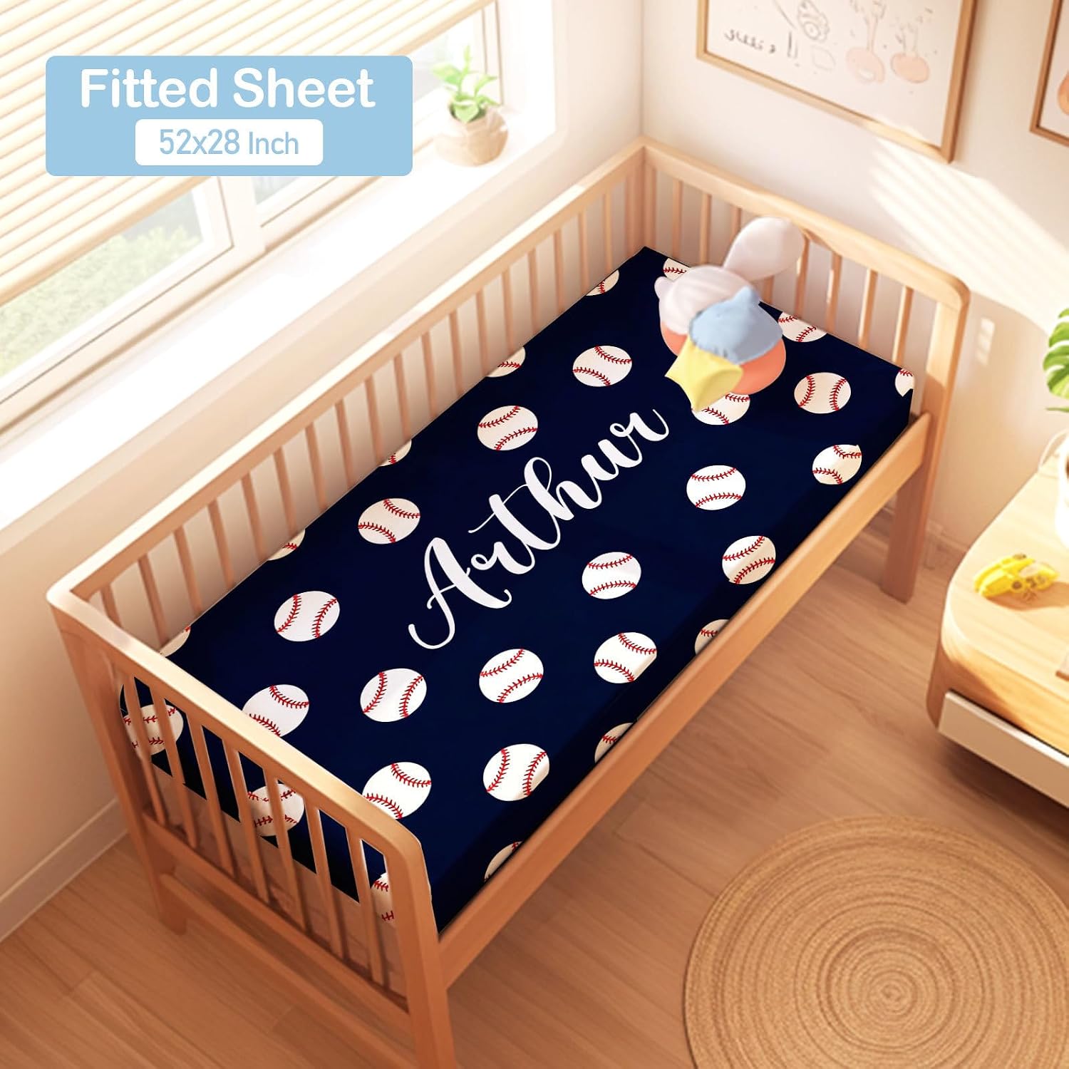 Baseball Theme Baby Crib Bedding Set with Name – Personalized 3-Piece Nursery Set for Boys, Soft Blanket, Fitted Crib Sheet & Pillowcase – Custom Baby Bedding for Newborns & Toddlers