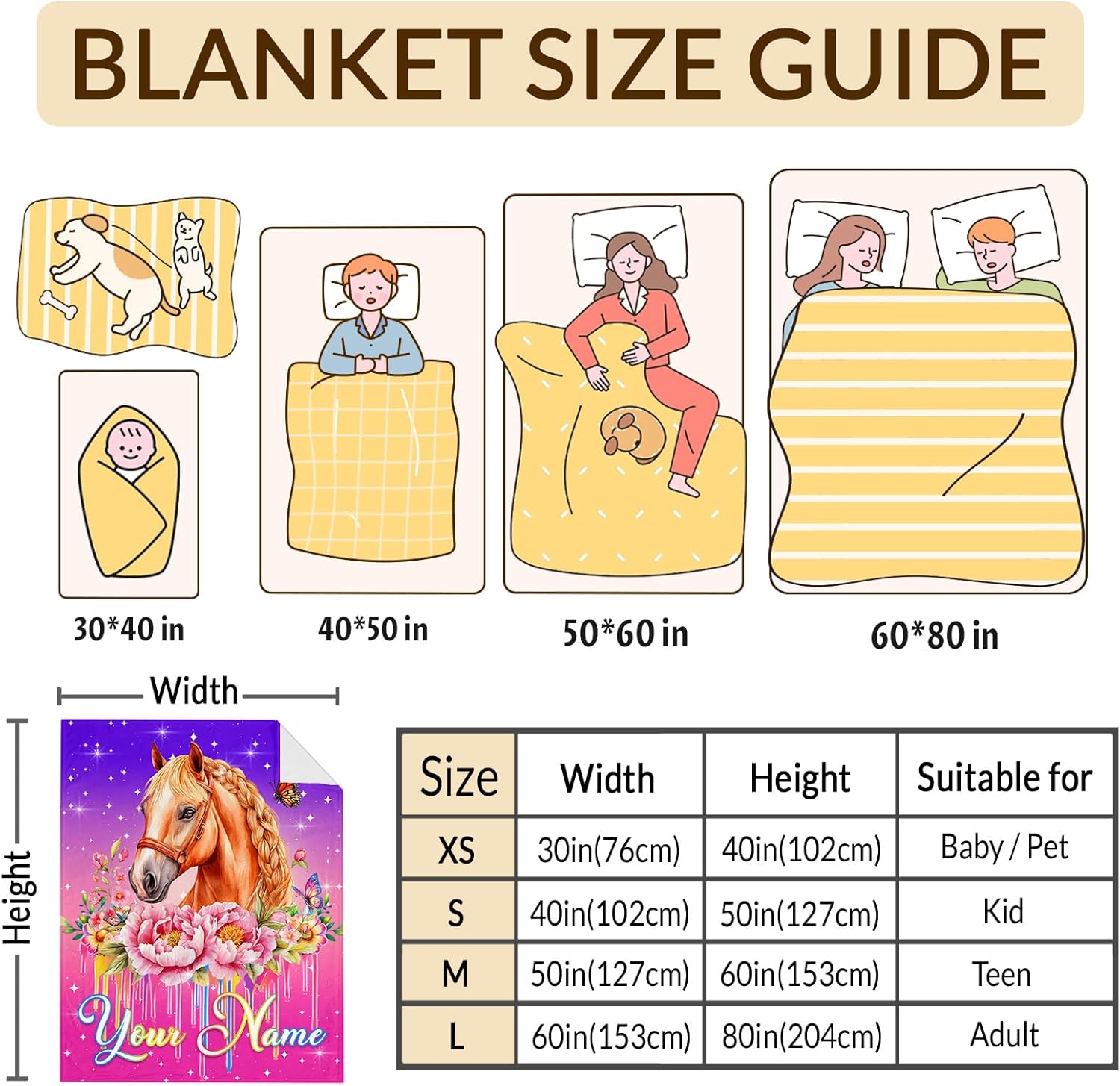 Girls Blankets Gifts Personalized Horse Throw Blanket for Kids Teens Girl 10-12 Horse Lovers, Custom 50x60 Inches Cute Blanket Gift Soft Comfy Flannel Throw for Chair Sofa Couch Bed Decor