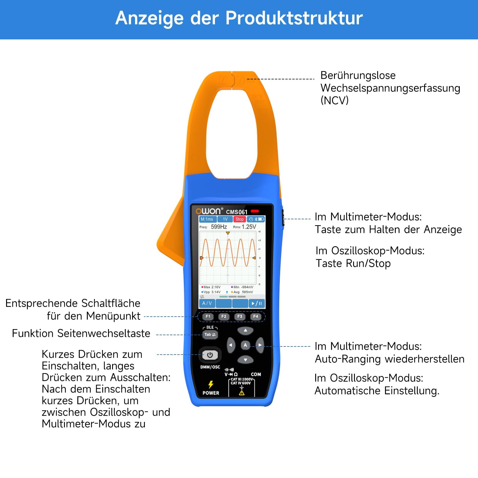 OWON CMS061 600A AC/DC True RMS Zangenamperemeter – Digitales 3-in-1 Multimeter mit Oszilloskop & Datenlogger, Inrush-Strommessung, Bluetooth, Touchscreen, NCV, 2,8" IPS-Farbdisplay