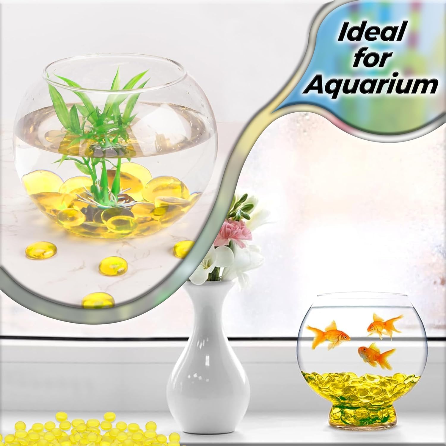 ARSUK – Galets de Verre Jaune 455 g 70-80 pcs Ø17-20 mm – Pierres Décoratives, Cailloux Plat, Perles de Verre, Gravier Aquarium, Remplissage Vase, Mariage, Art Floral, Mosaïque, DIY Décoration Maison